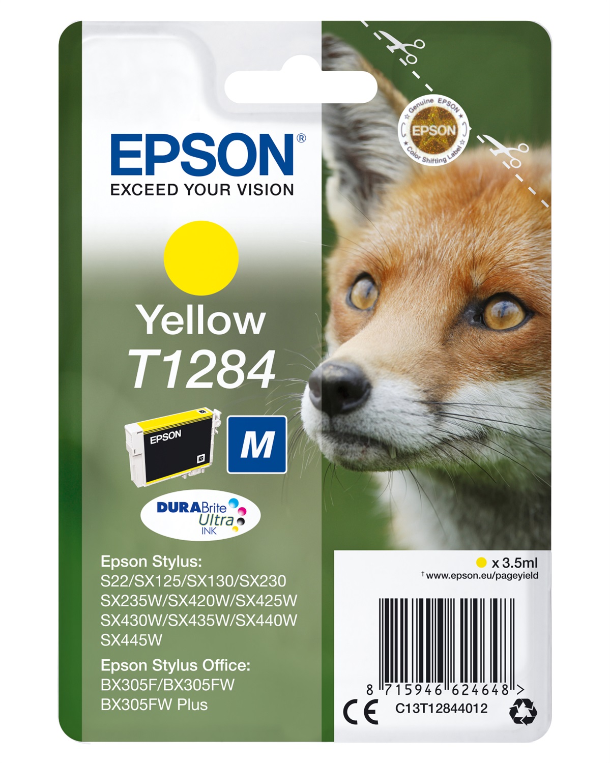 Epson T1284 Cartuccia Giallo 3,5ml - Inchiostro a base di pigmento, Resa 205-270 pagine, Compatibile con S22, SX125, SX130, SX230, SX235W, SX420W, SX430W, SX435W, SX440W, SX445W, BX305F