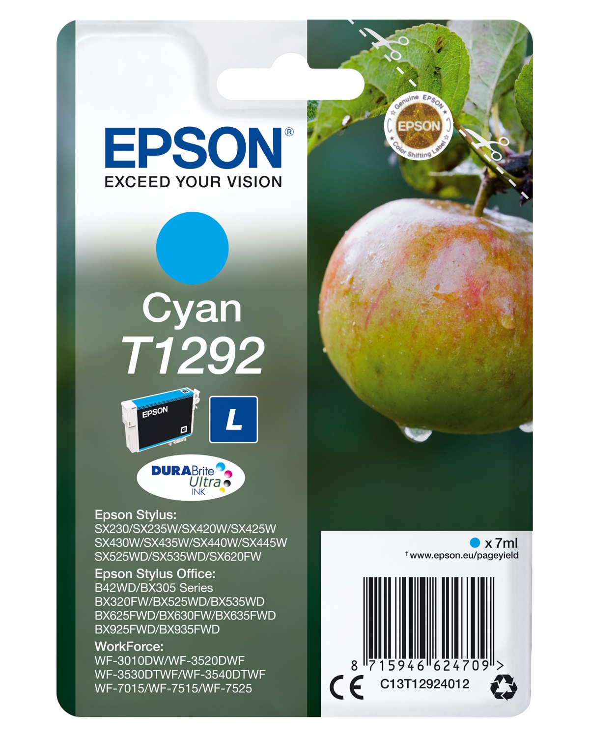 Epson Cartuccia Ciano T1292 - 7ml - C13T12924012 - Durabilità 474 Pagine - Compatibile con Stylus SX230, SX235W, SX420W, BX305F e altri modelli