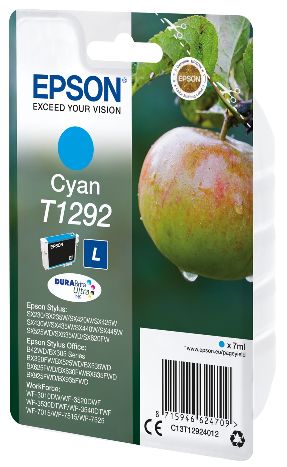 Epson Cartuccia Ciano T1292 - 7ml - C13T12924012 - Durabilità 474 Pagine - Compatibile con Stylus SX230, SX235W, SX420W, BX305F e altri modelli