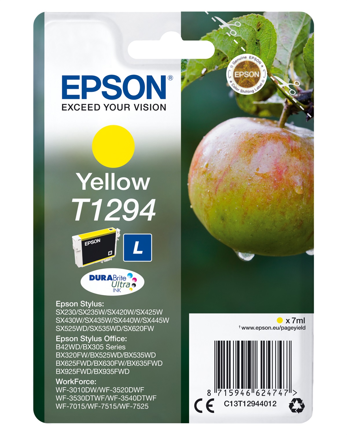 Epson T1294 Cartuccia Inchiostro Giallo DURABrite Ultra Ink - 7 ml, Fino a 515 Pagine, Compatibile con SX420W, SX425W, SX525WD, BX305F e Altri Modelli