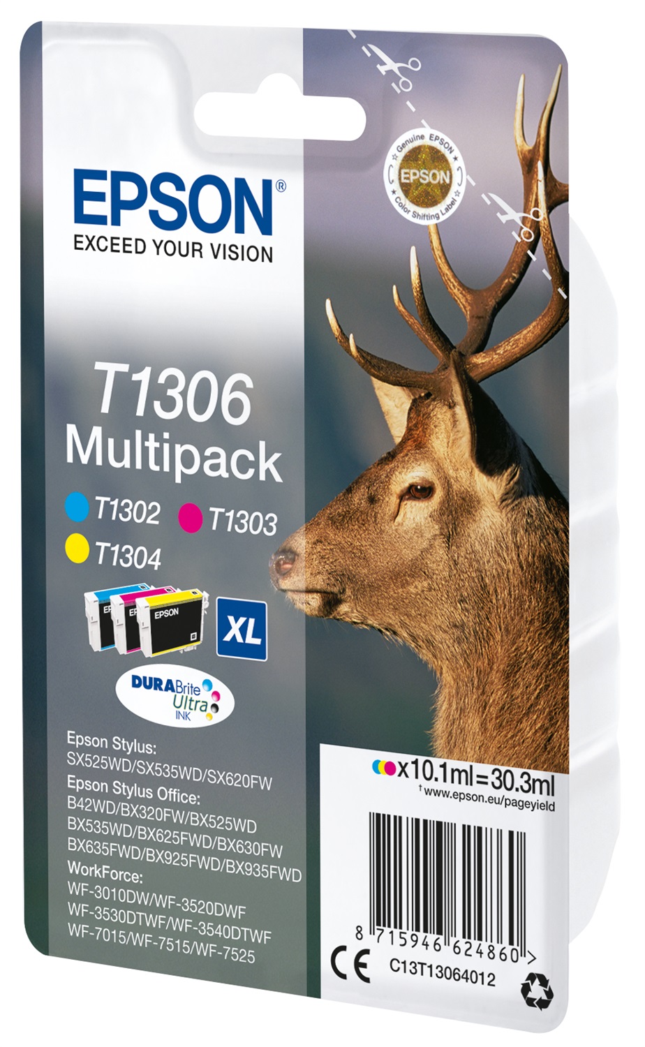 Epson T1306 Multipack Cartucce Originali - 3 Colori (Ciano, Magenta, Giallo) - 10,1 ml ciascuna