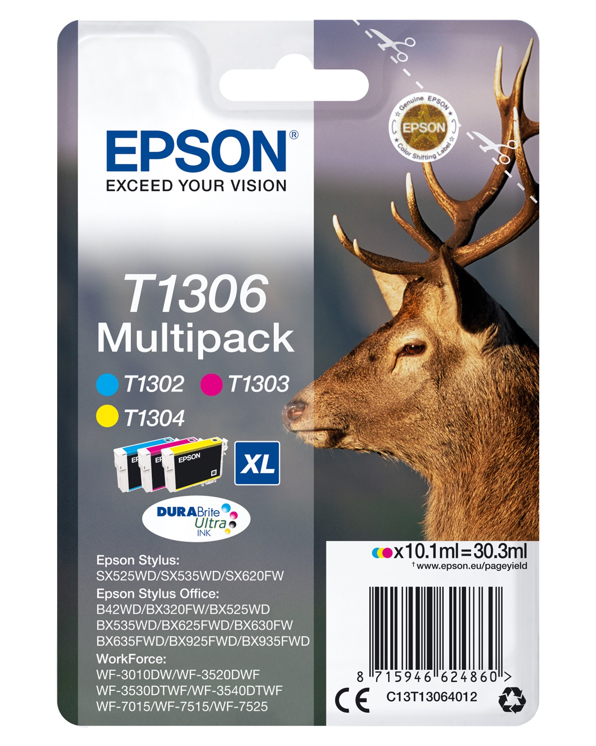 Epson T130 Multipack 3 Cartucce Ciano, Magenta, Giallo - Inchiostro a base di pigmento, 10,1 ml