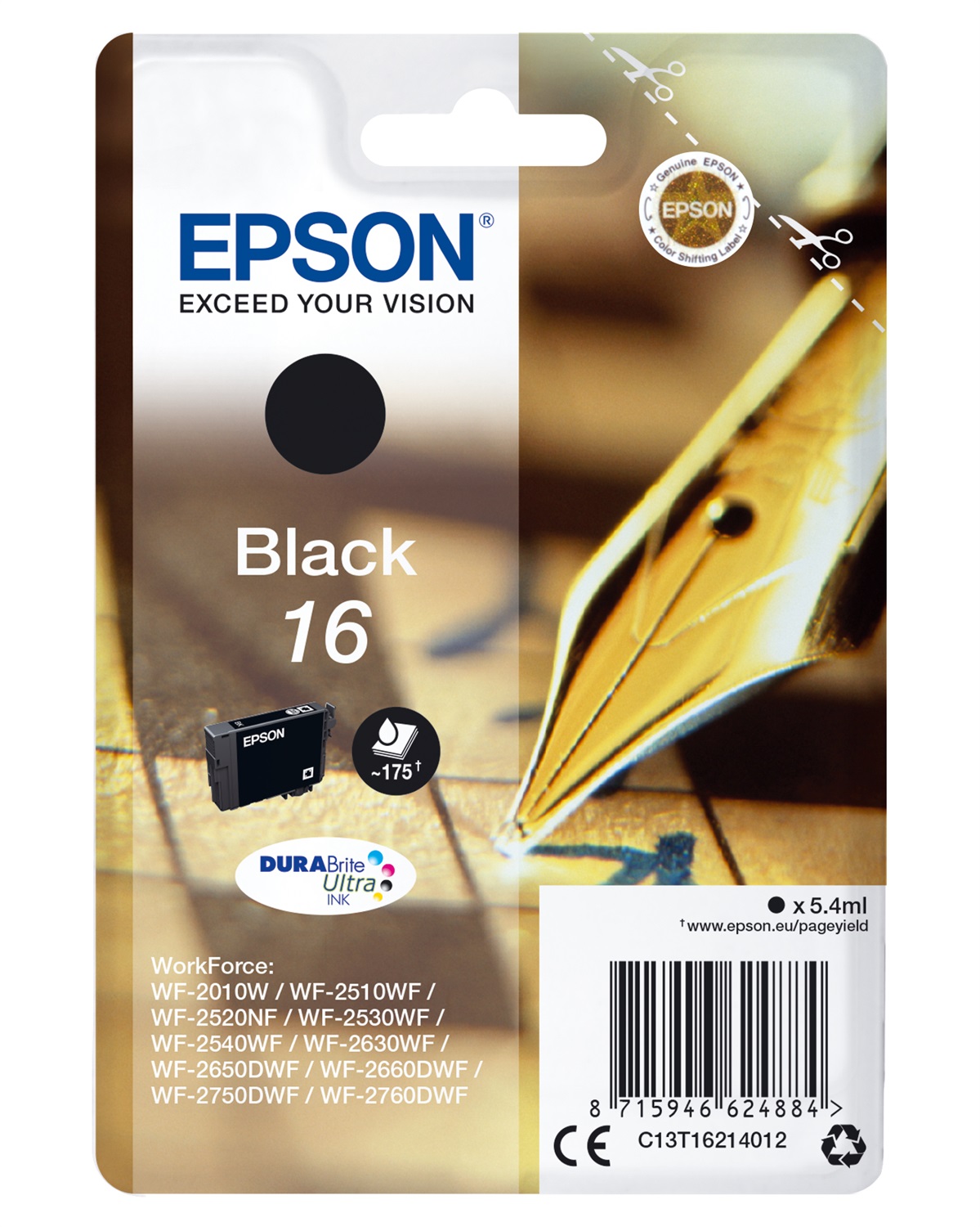 Epson Cartuccia Originale Nero C13T16214012 DURABrite Ultra 16 - 5,4 ml, 175 pagine, compatibile con Workforce