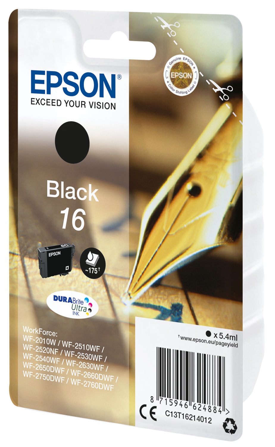 Epson Cartuccia Originale Nero C13T16214012 DURABrite Ultra 16 - 5,4 ml, 175 pagine, compatibile con Workforce
