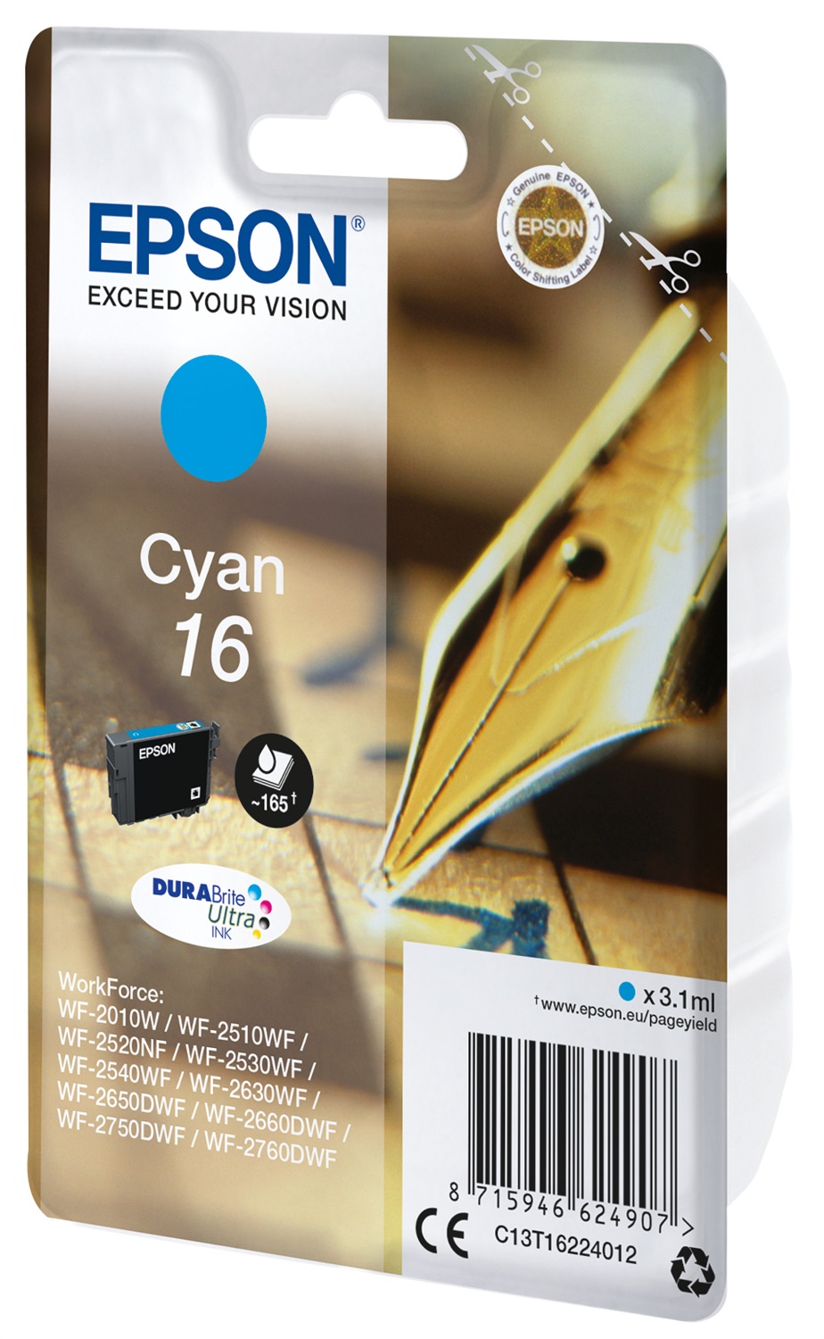 Epson Cartuccia Originale T1622 Ciano 16 - Inchiostro DURABrite Ultra, 3,1 ml, 165 pagine, compatibile con Workforce WF-2010W, WF-2510WF, WF-2520NF, WF-2530WF, WF-2540WF, WF-2630WF, WF-2650DWF, WF-2660DWF, WF-2750DWF, WF-2760DWF