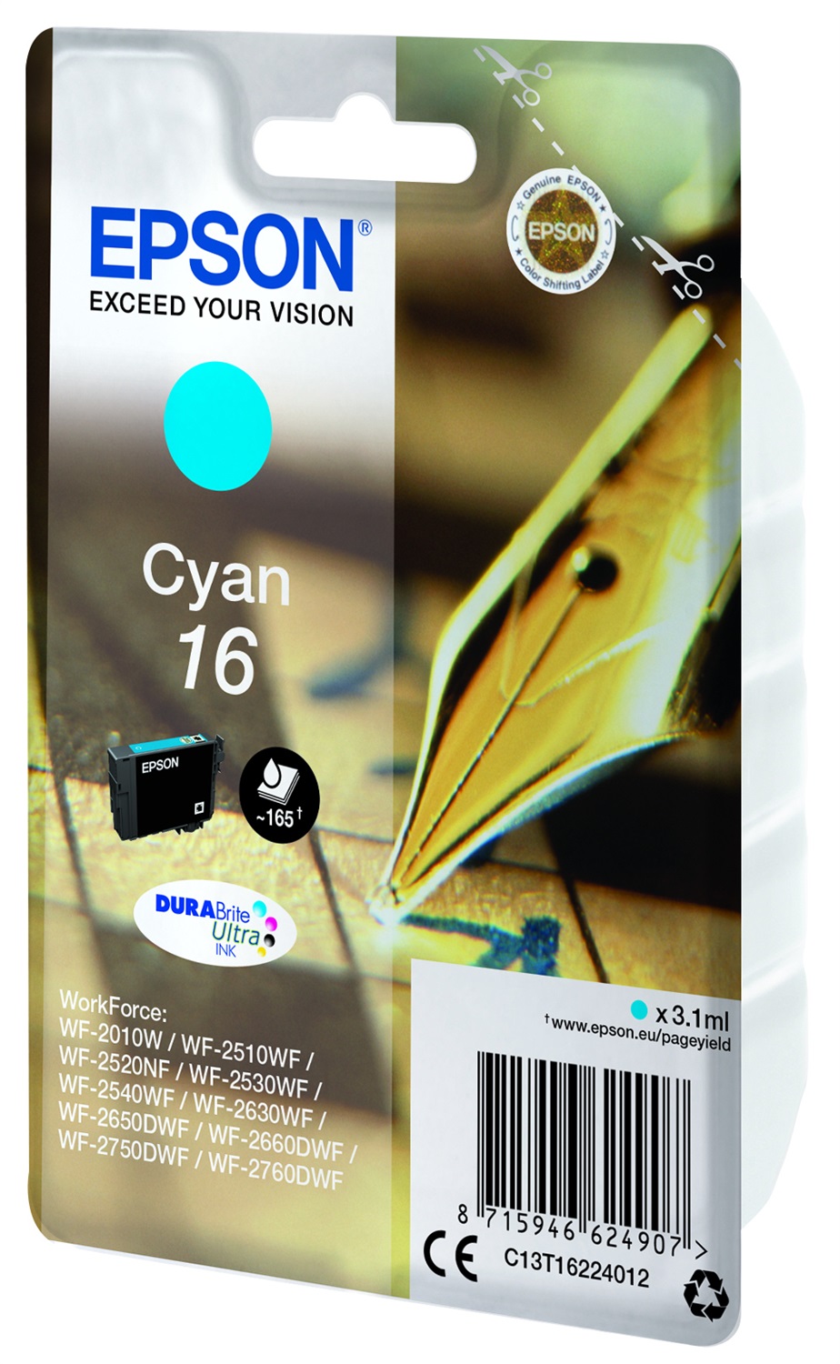 Epson Cartuccia di Inchiostro Ciano Serie 16 DURABrite Ultra - 3,1 ml - Compatibile con Workforce WF-2010W, WF-2510WF, WF-2520NF, WF-2530WF-AIO, WF-2540WF, WF-2630WF, WF-2650DWF, WF-2660DWF, WF-2750DWF, WF-2760DWF
