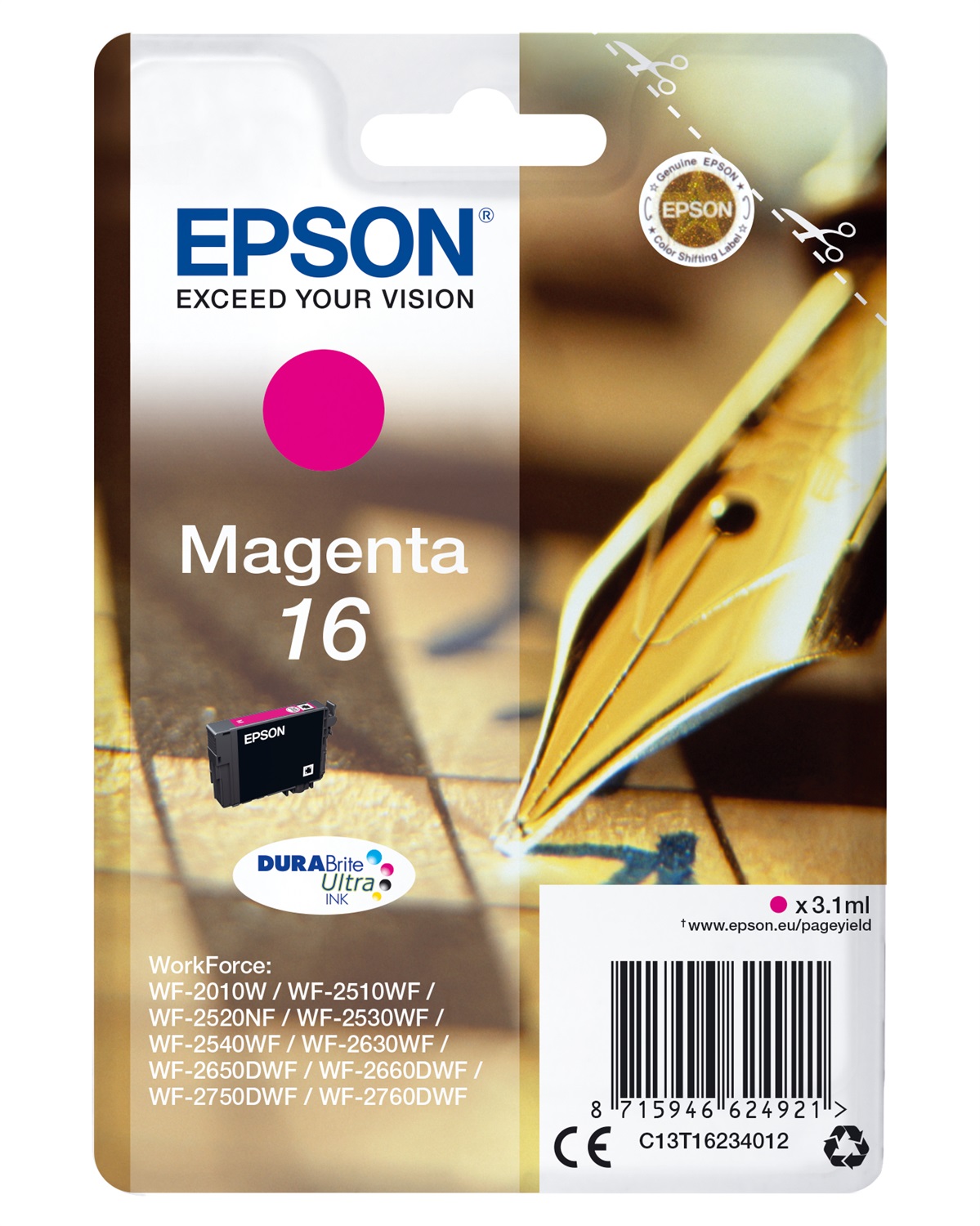 Epson Cartuccia Originale Magenta 16 (C13T16234012) - 3,1ml, 165 Pagine, Compatibile con Epson Workforce