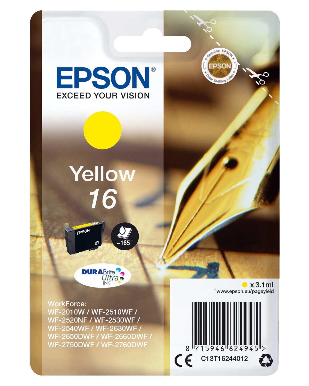 Epson Cartuccia Originale Giallo C13T16244012 - Inchiostro DURABrite Ultra, 3,1 ml, 165 pagine, compatibile con Workforce WF-2010W, WF-2510WF, WF-2520NF, WF-2530WF, WF-2540WF, WF-2630WF, WF-2650DWF, WF-2660DWF, WF-2750DWF, WF-2760DWF