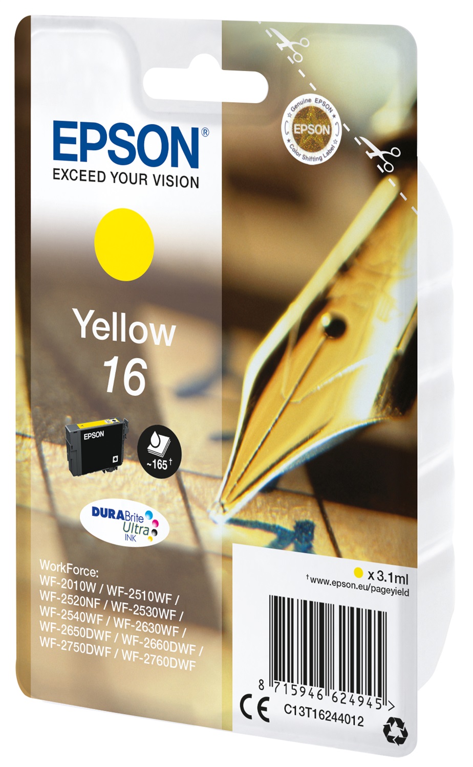 Epson Cartuccia Originale Giallo C13T16244012 - Inchiostro DURABrite Ultra, 3,1 ml, 165 pagine, compatibile con Workforce WF-2010W, WF-2510WF, WF-2520NF, WF-2530WF, WF-2540WF, WF-2630WF, WF-2650DWF, WF-2660DWF, WF-2750DWF, WF-2760DWF