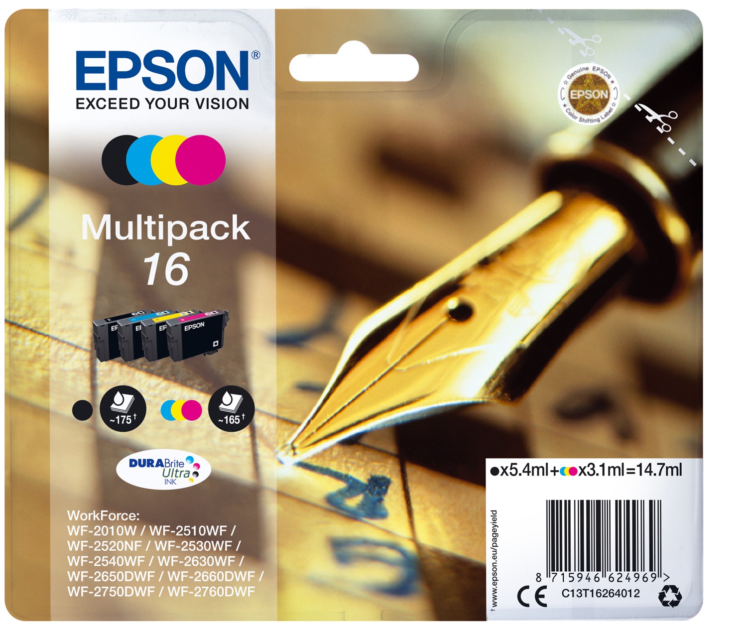 Epson Multipack Cartucce Originali 16 - Penna e Cruciverba - 4 Colori (Nero, Ciano, Magenta, Giallo) - Inchiostri DURABrite Ultra