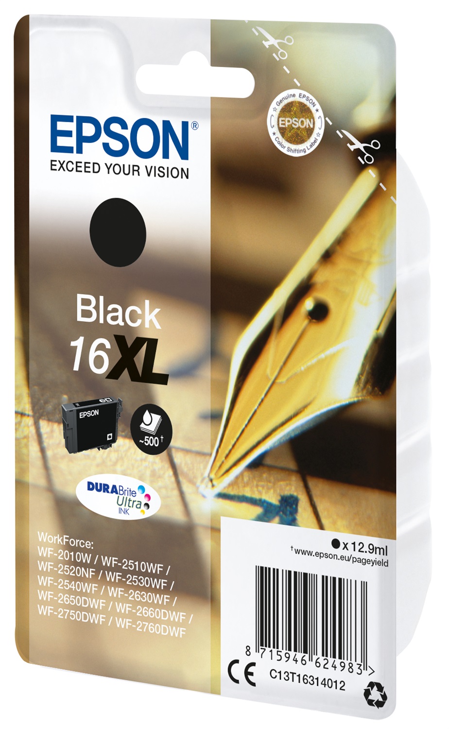 Epson Cartuccia d'Inchiostro Originale 16XL Nero DURABrite Ultra - 12,9 ml, 500 Pagine, Compatibile con WorkForce WF-2010, 2510, 2520, 2530, 2540, 2630, 2650, 2660, 2750, 2760
