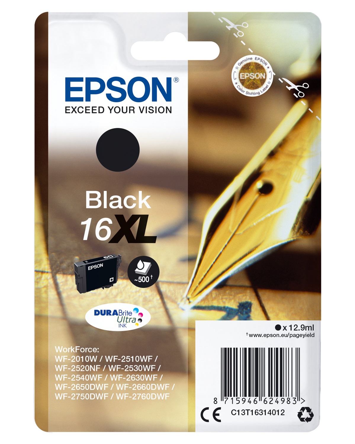 Epson Cartuccia Inchiostro Nero 16XL DURABrite Ultra - Capacità 12,9 ml, Resa Fino a 500 Pagine, Compatibile con WorkForce