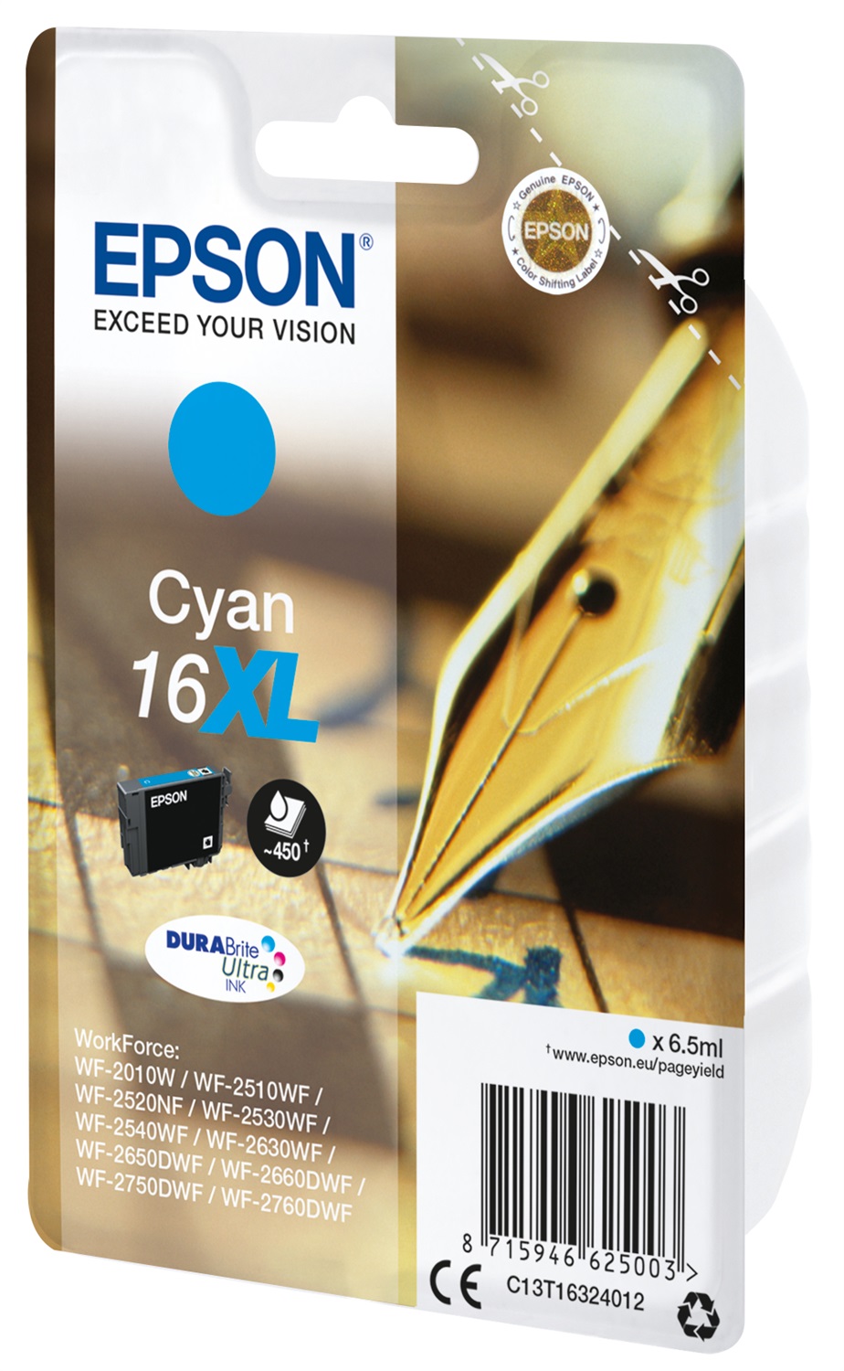 Epson Cartuccia Originale 16XL Ciano (C13T16324012) - Alta Capacità, 6,5 ml, Resa 450 Pagine, Compatibile con Stampanti Workforce