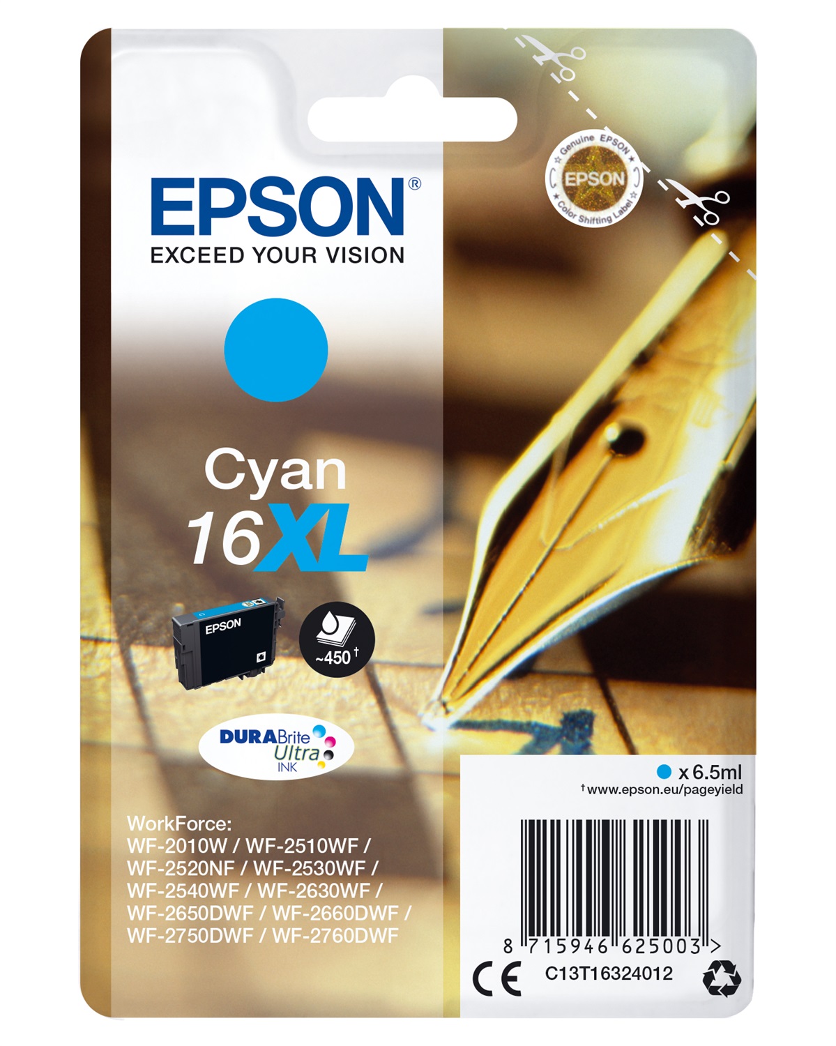 Epson Cartuccia Inchiostro Ciano 16XL DURABrite Ultra - 6,5 ml, Fino a 450 Pagine, Compatibile con Workforce
