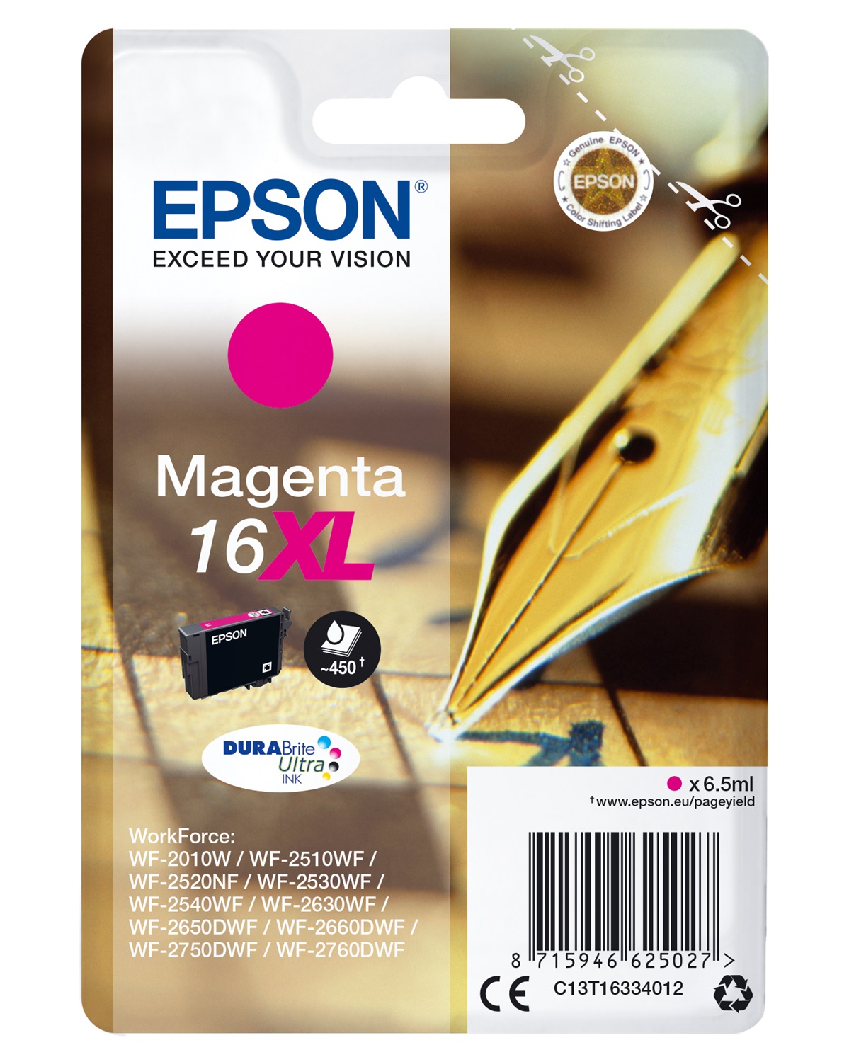 Epson C13T16334022 Cartuccia Inchiostro Magenta DURABrite Ultra 16XL - 6,5 ml, Fino a 450 Pagine, Compatibile con WorkForce