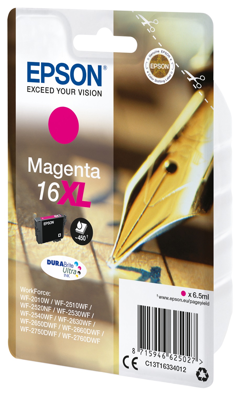 Epson C13T16334022 Cartuccia Inchiostro Magenta DURABrite Ultra 16XL - 6,5 ml, Fino a 450 Pagine, Compatibile con WorkForce