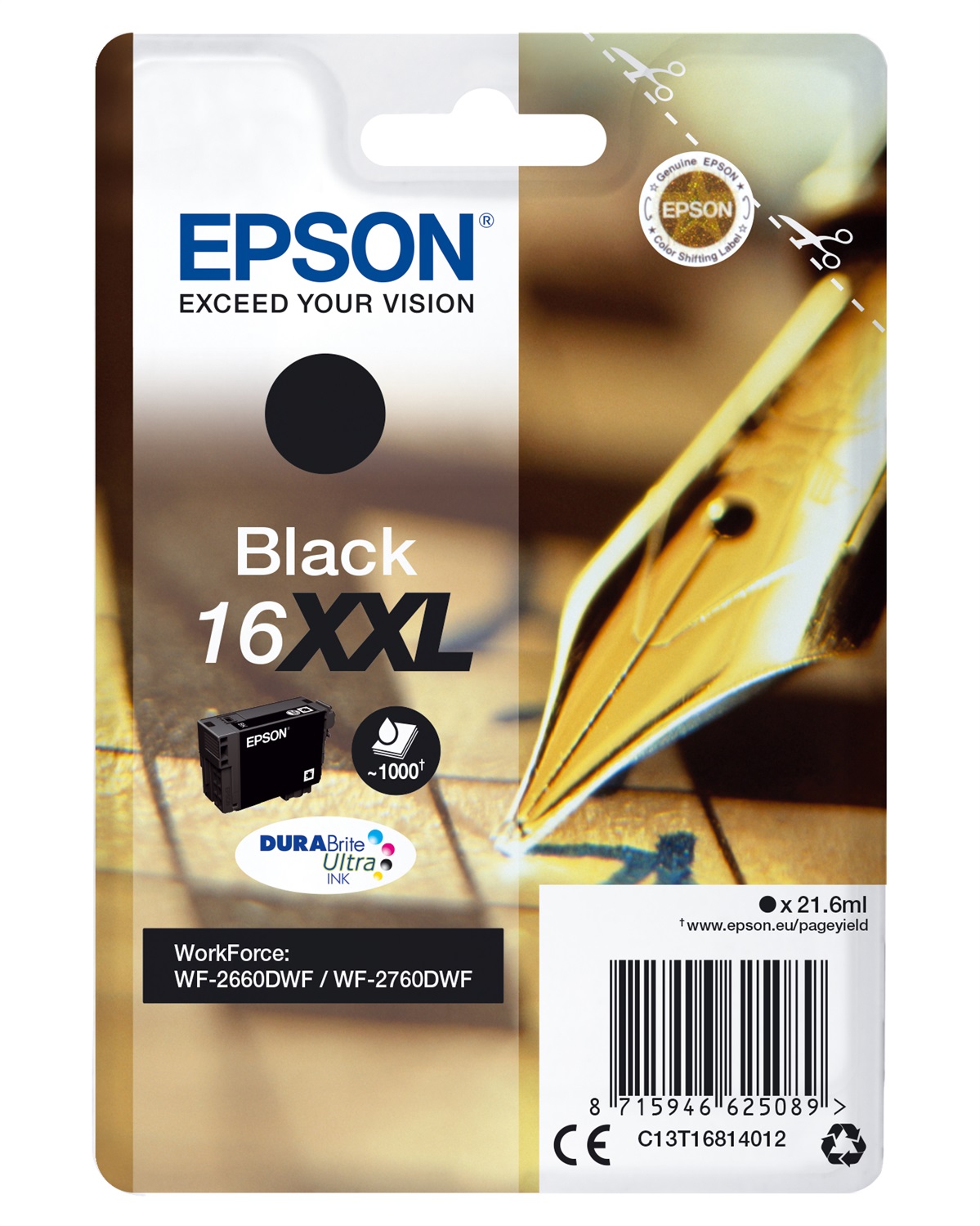 Epson Cartuccia Inkjet Nero C13T16814012 16XXL - 21,6 ml - DURABrite Ultra - Fino a 1000 Pagine