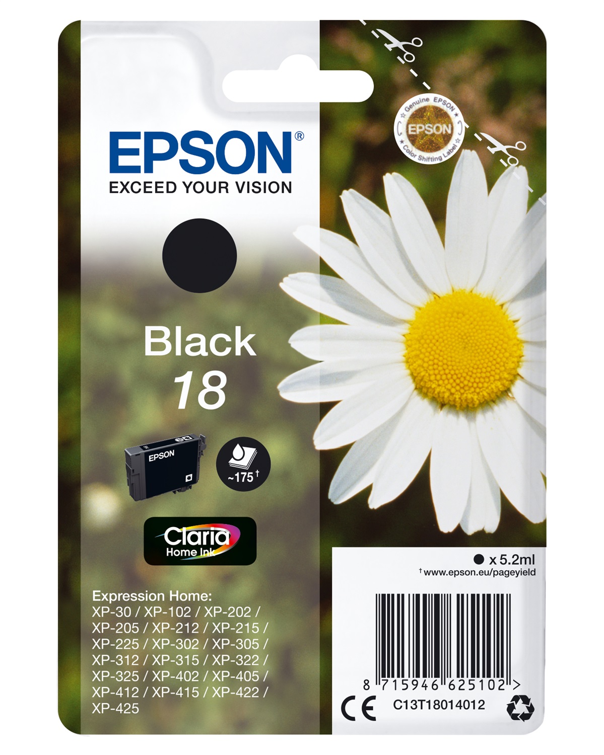 Epson Cartuccia Inkjet Nero C13T18014012 - 5,2 ml - Resa 175 Pagine - Compatibile con XP-30, XP-102, XP-202, XP-205, XP-212, XP-215, XP-225, XP-302, XP-305, XP-312, XP-322, XP-325, XP-402, XP-405, XP-412, XP-415, XP-422, XP-425
