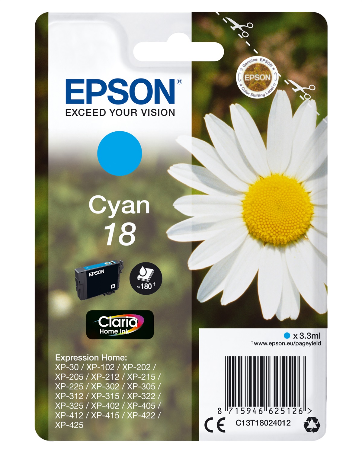 Epson Cartuccia d'Inchiostro Ciano C13T18024012 - 3,3 ml, Resa Standard, 180 Pagine, Compatibile con Epson Expression Home