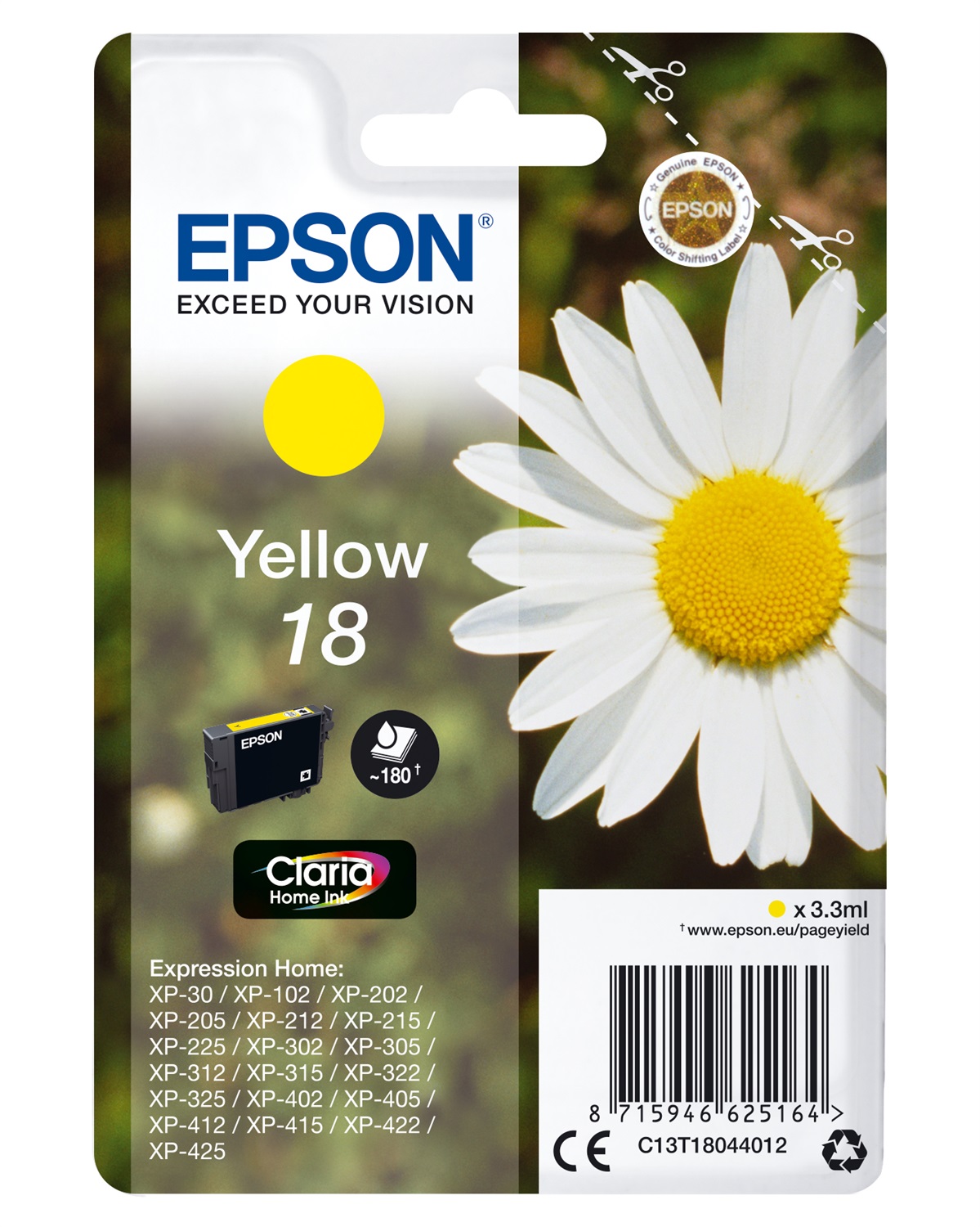 Epson Cartuccia Giallo Claria Home 18 - C13T18044022, 3,3 ml, Inchiostro a base di pigmento, Fino a 180 pagine