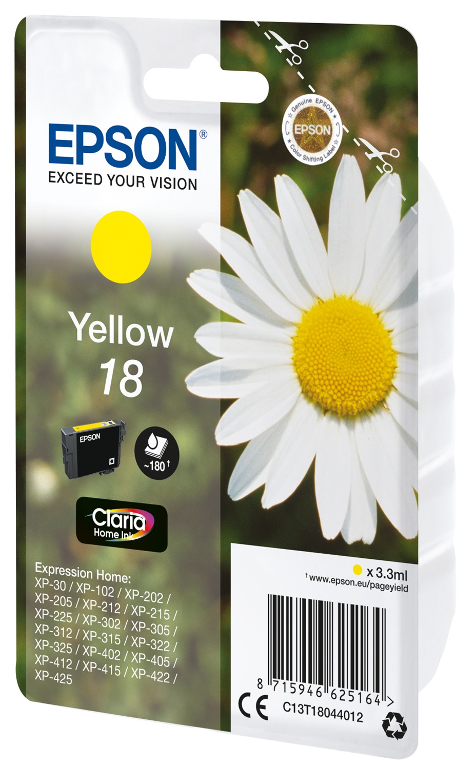 Epson Cartuccia Giallo Claria Home 18 - C13T18044022, 3,3 ml, Inchiostro a base di pigmento, Fino a 180 pagine