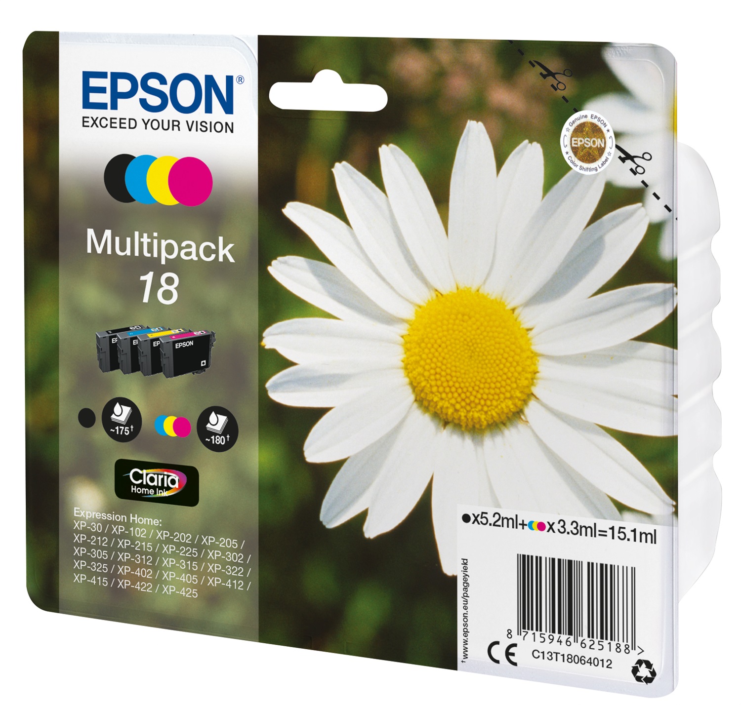 Epson C13T18064012 Multipack Margherita 4 Colori Inchiostri Claria Home - 4 Cartucce (Nero, Ciano, Magenta, Giallo) con Resa Standard