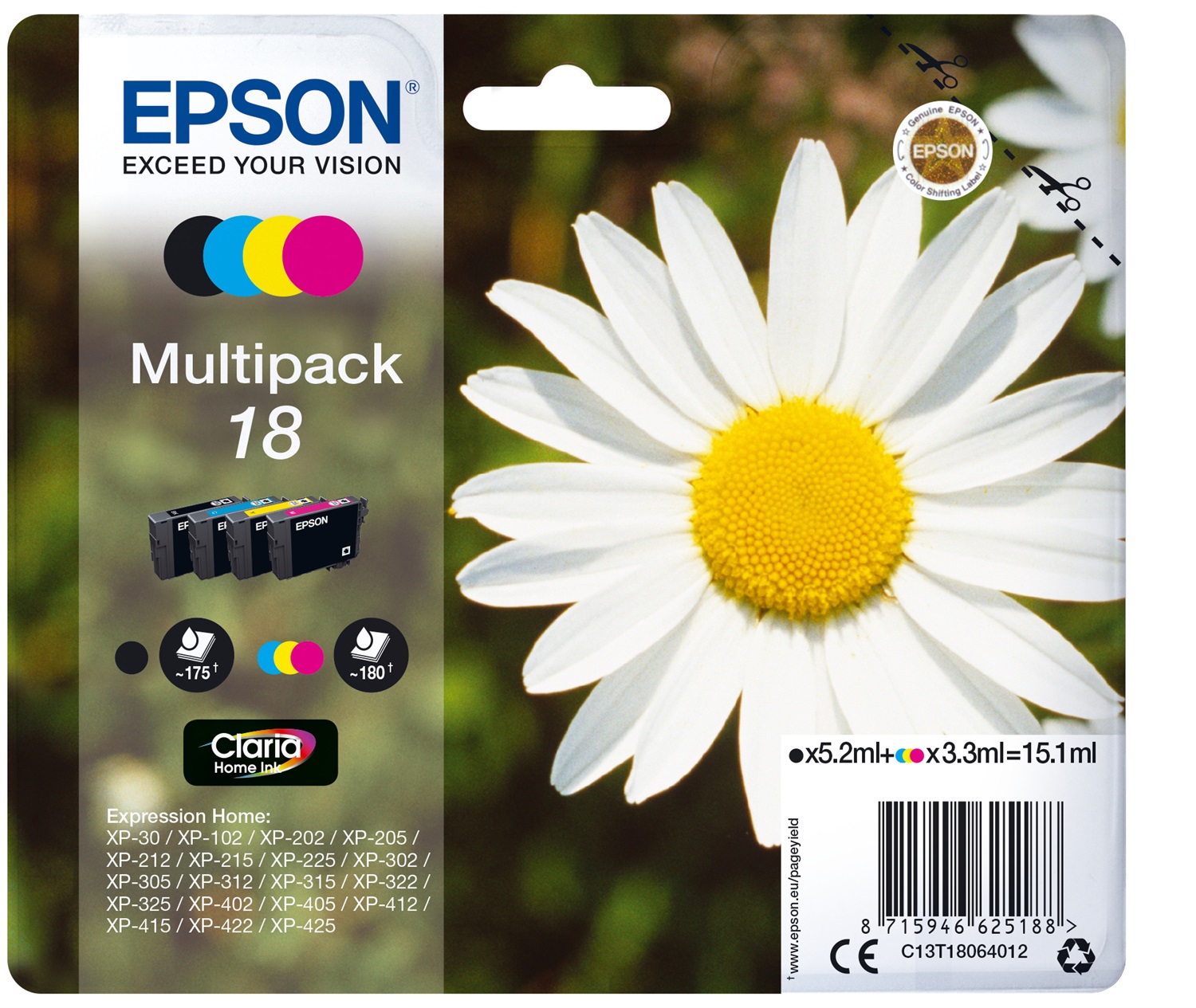 Epson Multipack Margherita C13T18064022 - 4 Colori Inchiostri Claria Home (Nero 5,2 ml, Colori 3,3 ml) - Resa fino a 180 Pagine