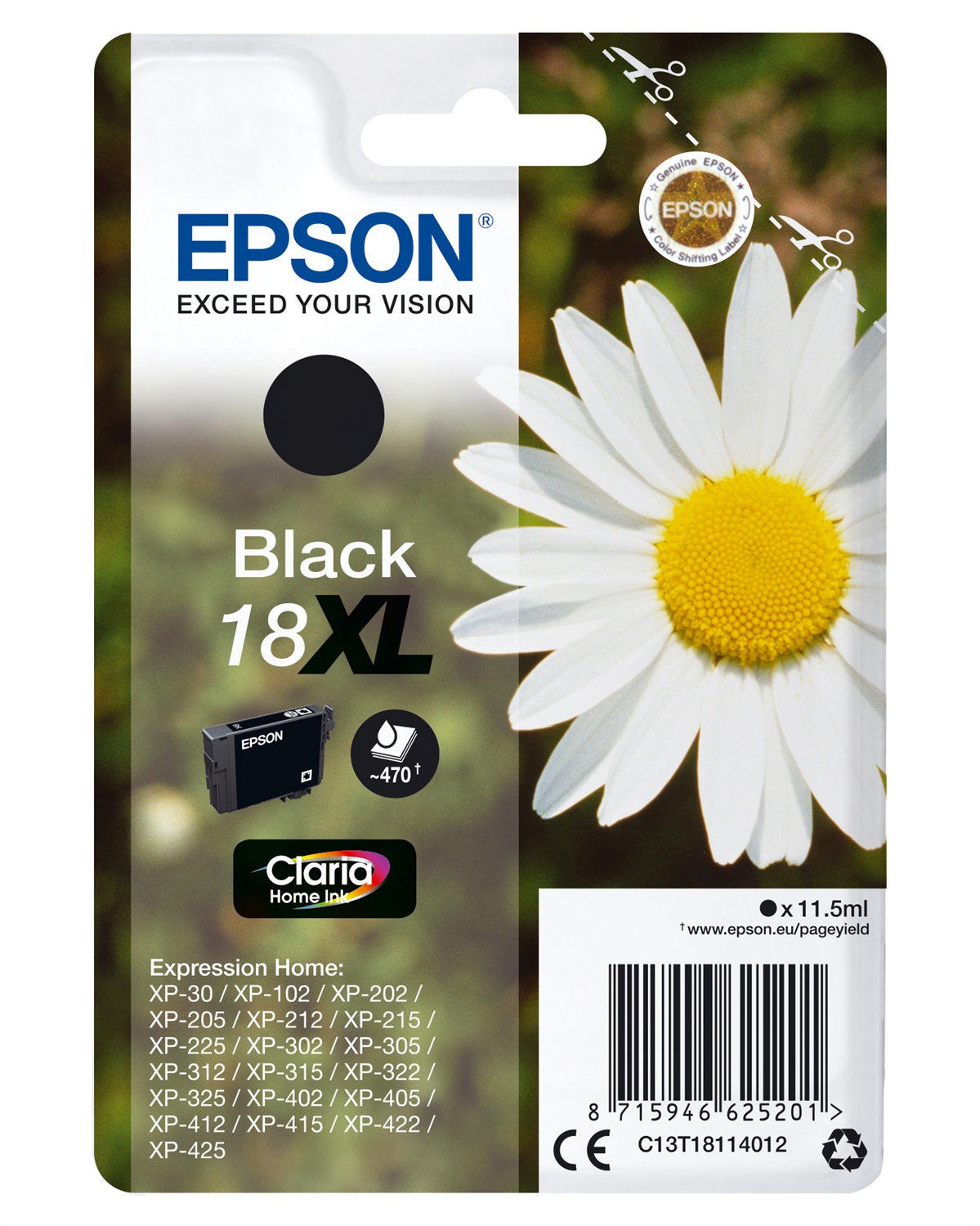 Epson Cartuccia inchiostro Nero 18XL C13T18114012 - Alta Capacità, 11,5 ml, Fino a 470 Pagine, Compatibile con XP-30/102/202/205/212/215/225/302/305/312/315/322/325/402/405/412/415/422/425