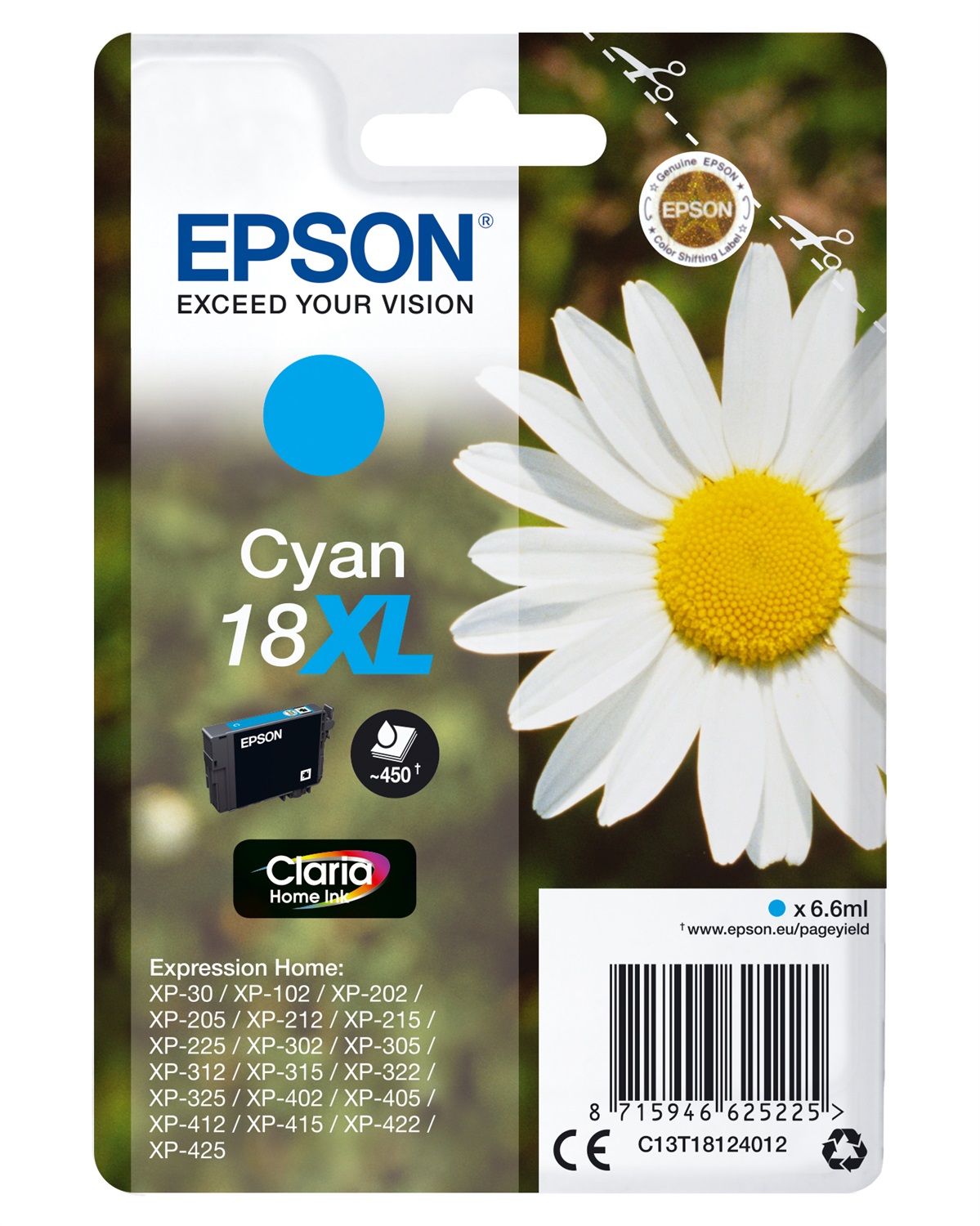 Epson C13T18124022 Cartuccia d'Inchiostro Ciano 18XL - 6,6 ml, Fino a 450 Pagine, Compatibile con Expression Home