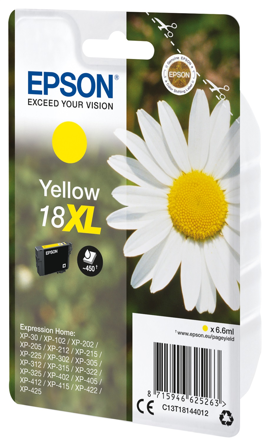 Epson Cartuccia Inkjet Giallo Alta Capacità 18XL C13T18144012 - 6,6 ml, 450 Pagine, Compatibile con Epson Expression Home