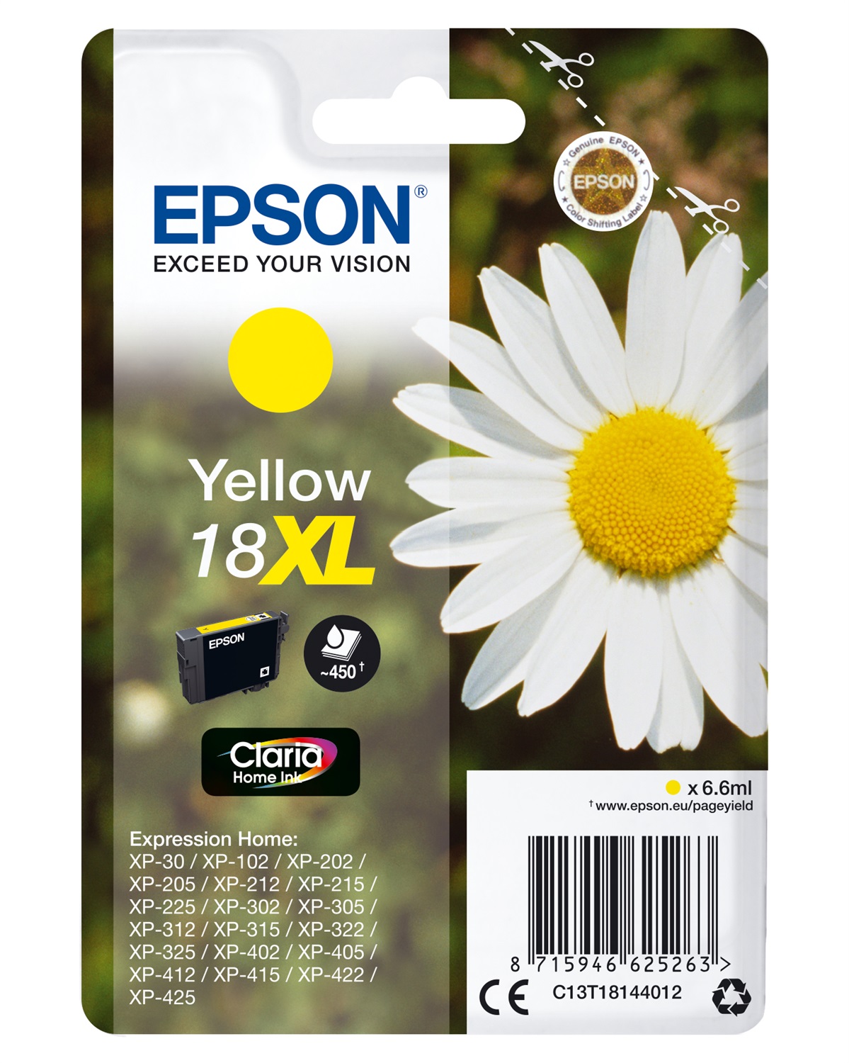 Epson Cartuccia Giallo Claria Home 18XL C13T18144022 - 6,6 ml, Fino a 450 pagine, Compatibile con Expression Home