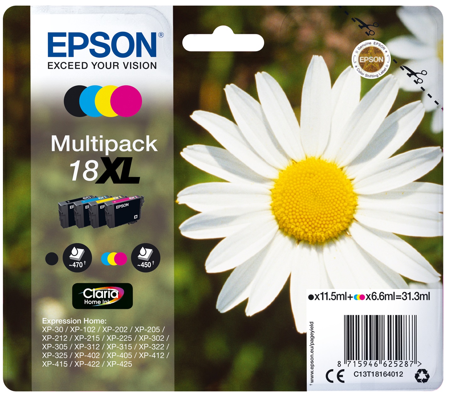 Epson Daisy Multipack Margherita 4 Colori Inchiostri Claria Home 18XL - Nero, Ciano, Magenta, Giallo, Capacità 11,5 ml e 6,6 ml