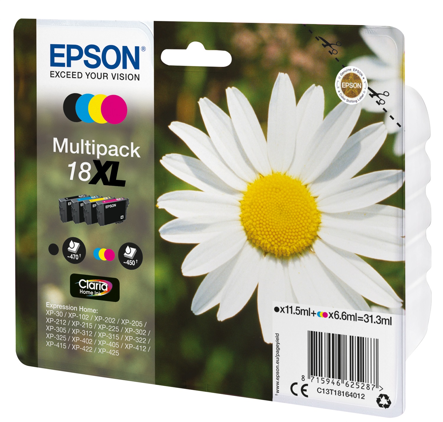 Epson Daisy Multipack Margherita 4 Colori Inchiostri Claria Home 18XL - Nero, Ciano, Magenta, Giallo, Capacità 11,5 ml e 6,6 ml
