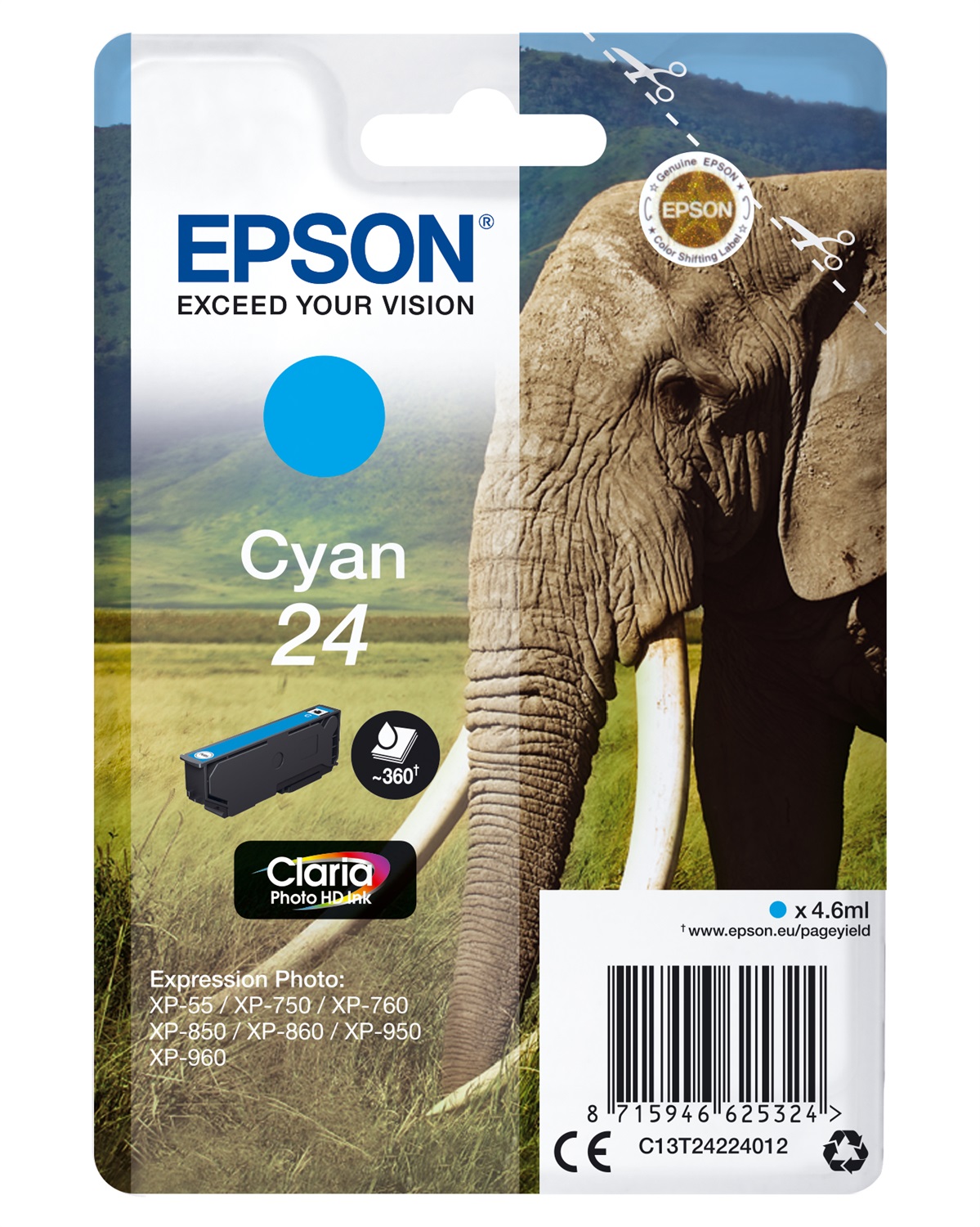 Epson Cartuccia Inkjet Ciano Claria Photo HD 24 - C13T24224012 - 4,6 ml - 360 Pagine - Compatibile con Epson Expression Photo XP-55/XP-750/XP-760/XP-850/XP-860/XP-950/XP-960
