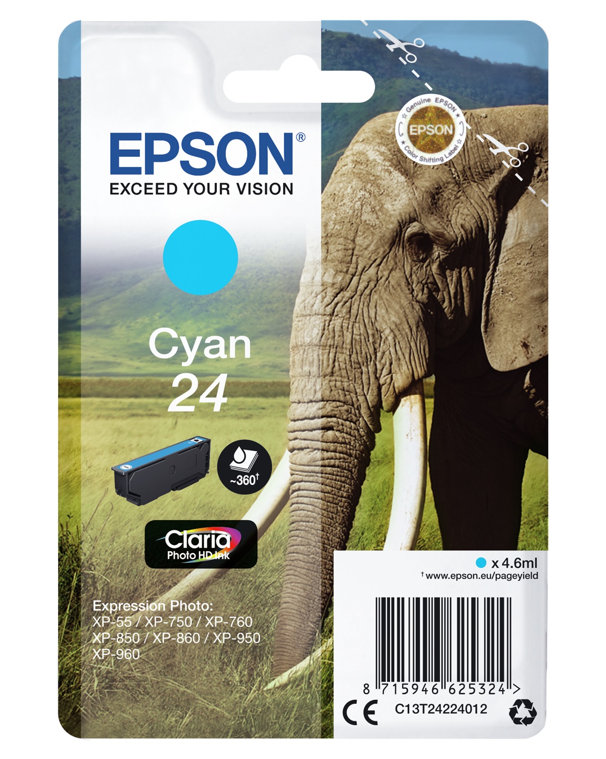 Epson Cartuccia Ciano Serie 24 C13T24224022 - 4,6 ml, Claria Photo HD, Compatibile con XP-970, XP-960, XP-950, XP-860 e altri