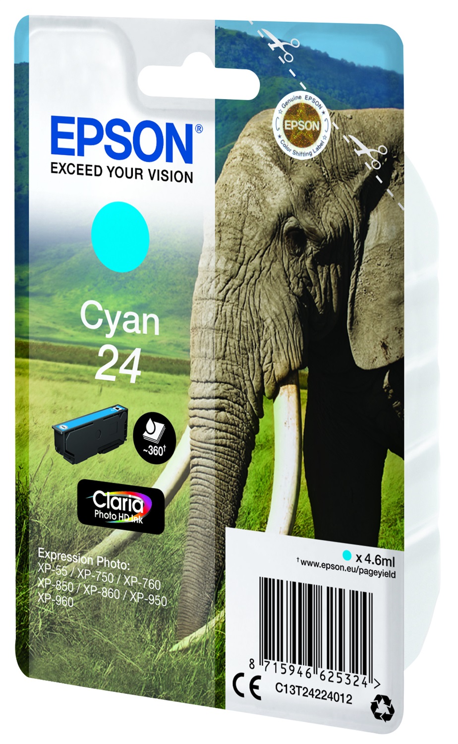 Epson Cartuccia Ciano Serie 24 C13T24224022 - 4,6 ml, Claria Photo HD, Compatibile con XP-970, XP-960, XP-950, XP-860 e altri