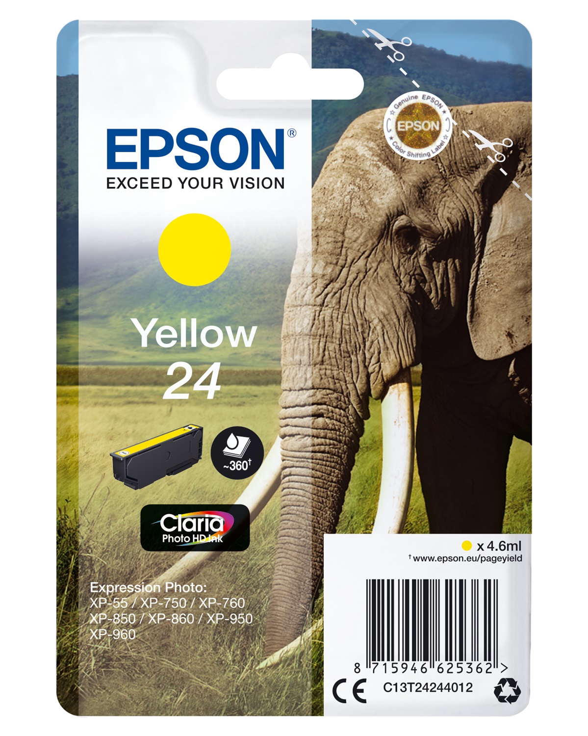 Epson Cartuccia Giallo C13T24244022 - Inchiostro a base di pigmento, 4,6 ml, fino a 360 pagine, compatibile con Expression Photo XP-970 e altri modelli