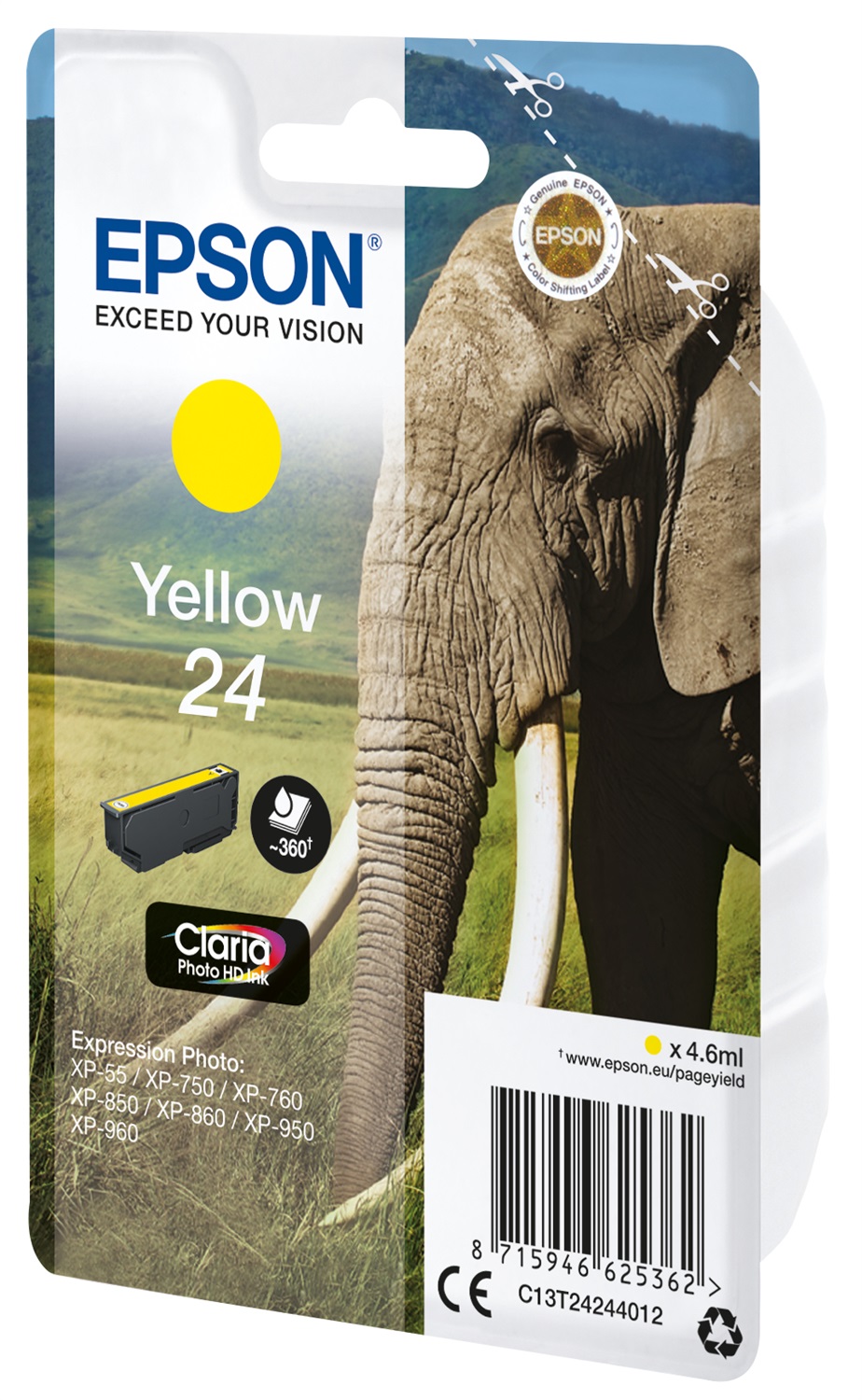 Epson Cartuccia Giallo C13T24244022 - Inchiostro a base di pigmento, 4,6 ml, fino a 360 pagine, compatibile con Expression Photo XP-970 e altri modelli