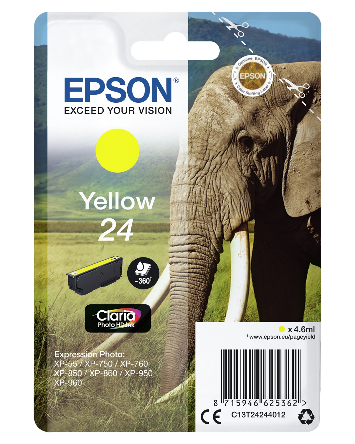 Epson Cartuccia Giallo C13T24244022 - Inchiostro a base di pigmento, 4,6 ml, fino a 360 pagine, compatibile con Expression Photo XP-970 e altri modelli