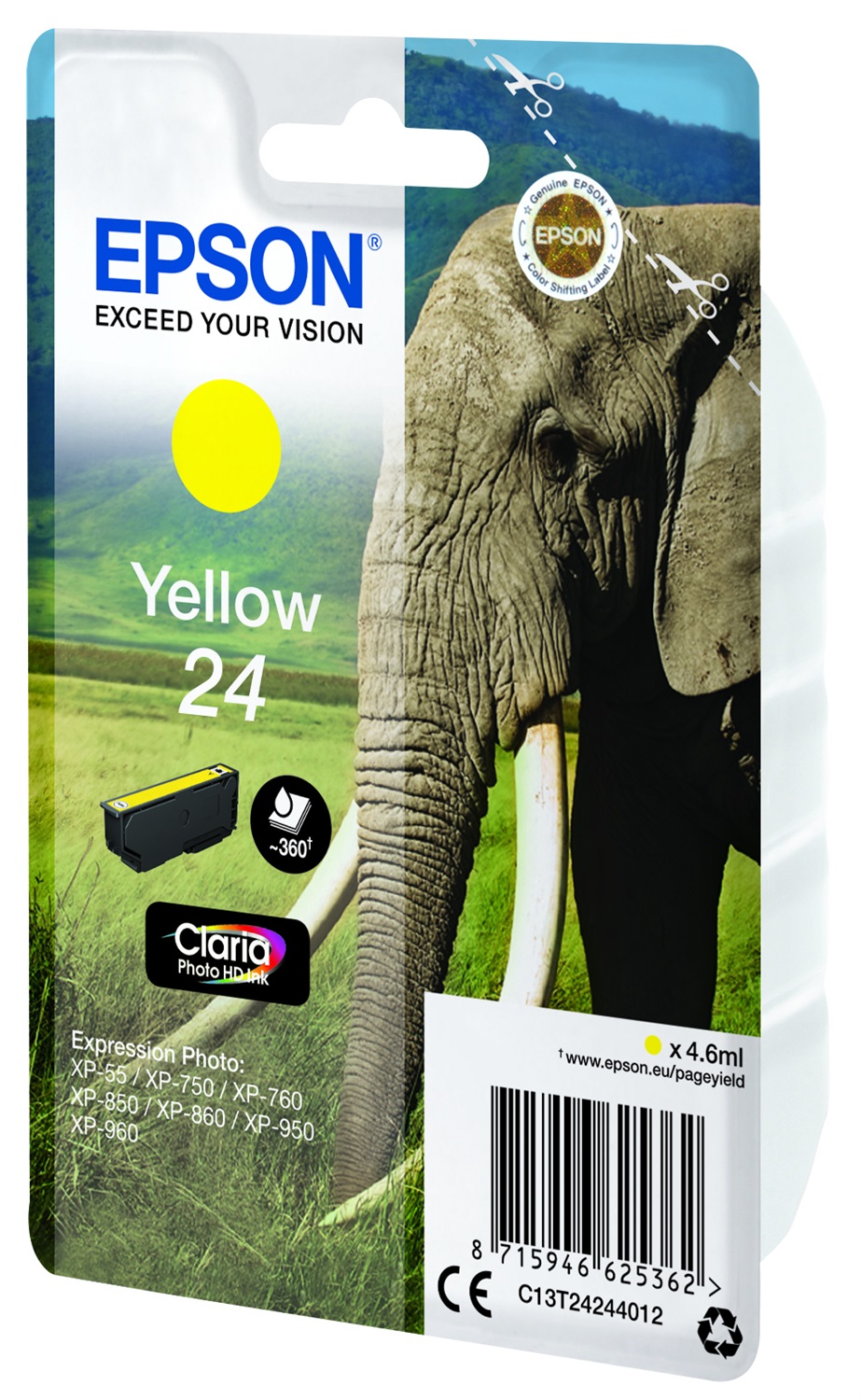 Epson Cartuccia Giallo C13T24244022 - Inchiostro a base di pigmento, 4,6 ml, fino a 360 pagine, compatibile con Expression Photo XP-970 e altri modelli