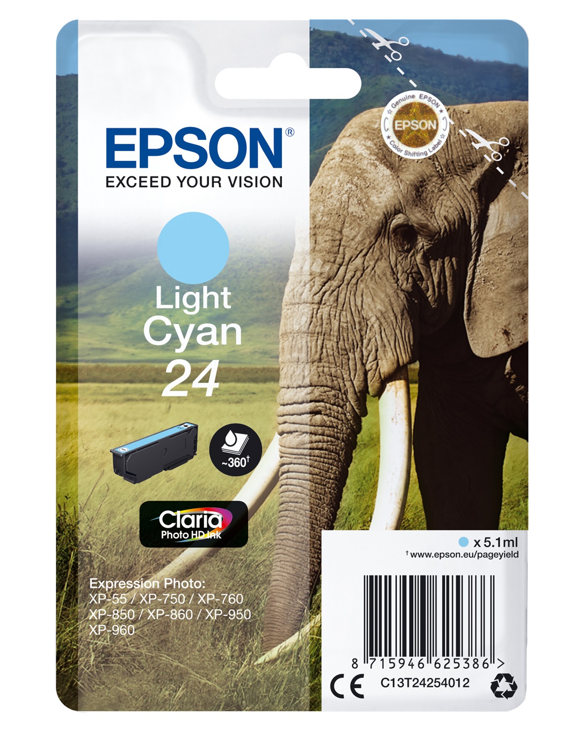 Epson Cartuccia Inkjet Ciano Chiaro Claria Photo HD Elefante 24 - C13T24254012 - 5,1 ml - 360 Pagine