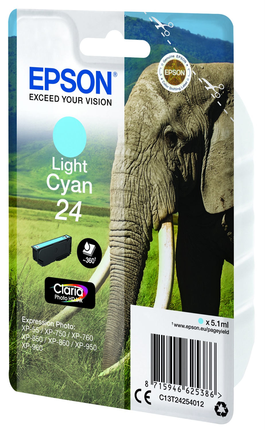 Epson Cartuccia Ciano Chiaro C13T24254022 - 5,1 ml, Inchiostro a base di pigmento, Compatibile con XP-750, XP-850, XP-860, XP-960, XP-970, XP-760, XP-55