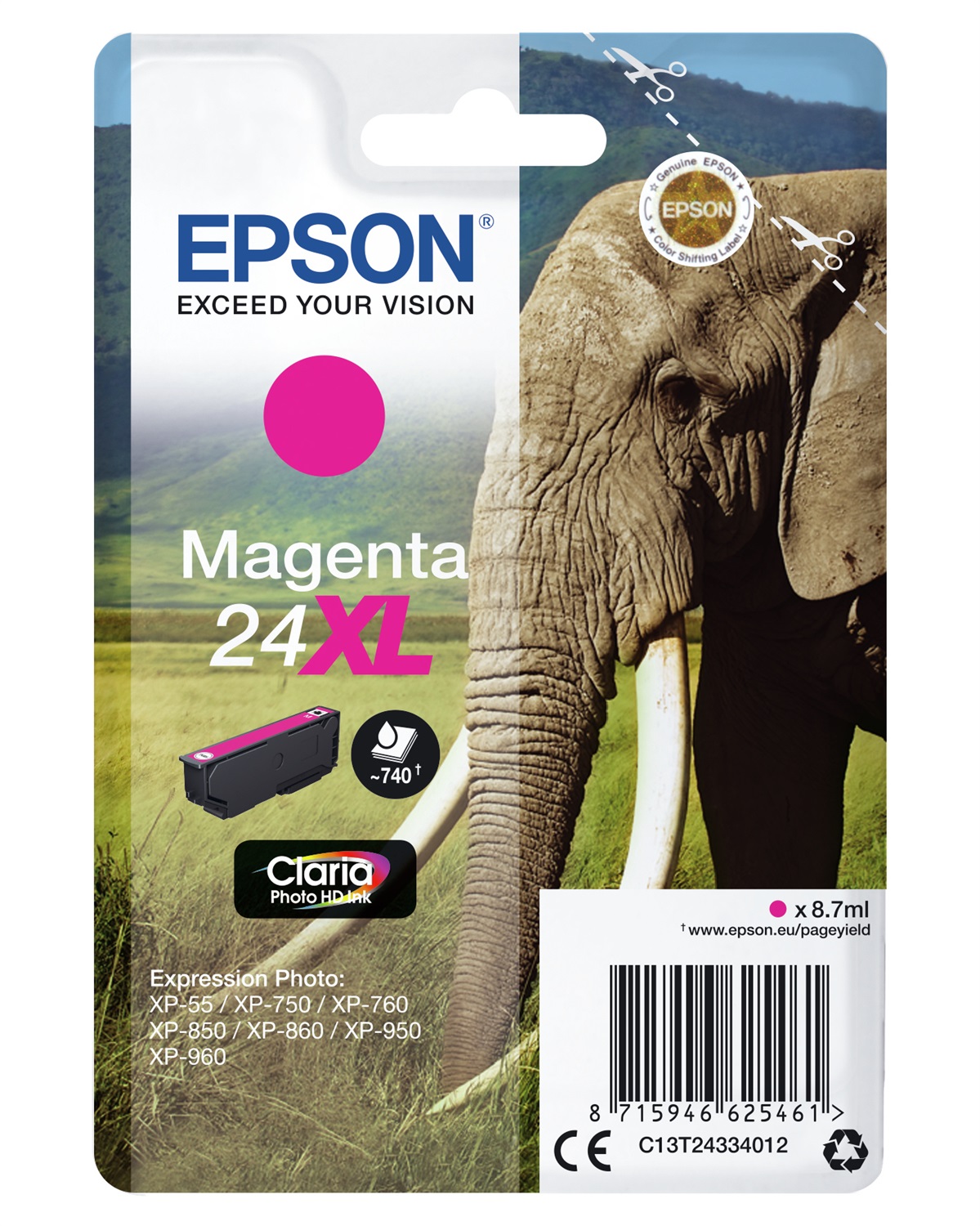 Epson Cartuccia Magenta 24XL Claria™ Photo HD - 8,7 ml - Fino a 740 Pagine - Compatibile con XP-970, XP-960, XP-950, XP-860, XP-760, XP-55, XP-850, XP-750