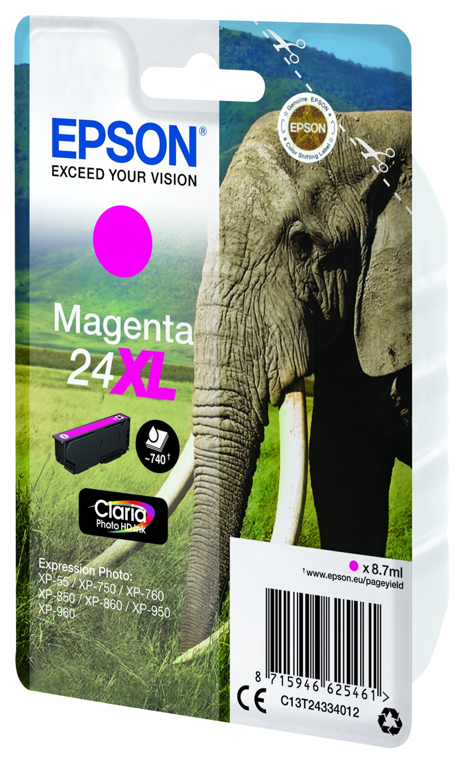 Epson Cartuccia Magenta 24XL Claria™ Photo HD - 8,7 ml - Fino a 740 Pagine - Compatibile con XP-970, XP-960, XP-950, XP-860, XP-760, XP-55, XP-850, XP-750