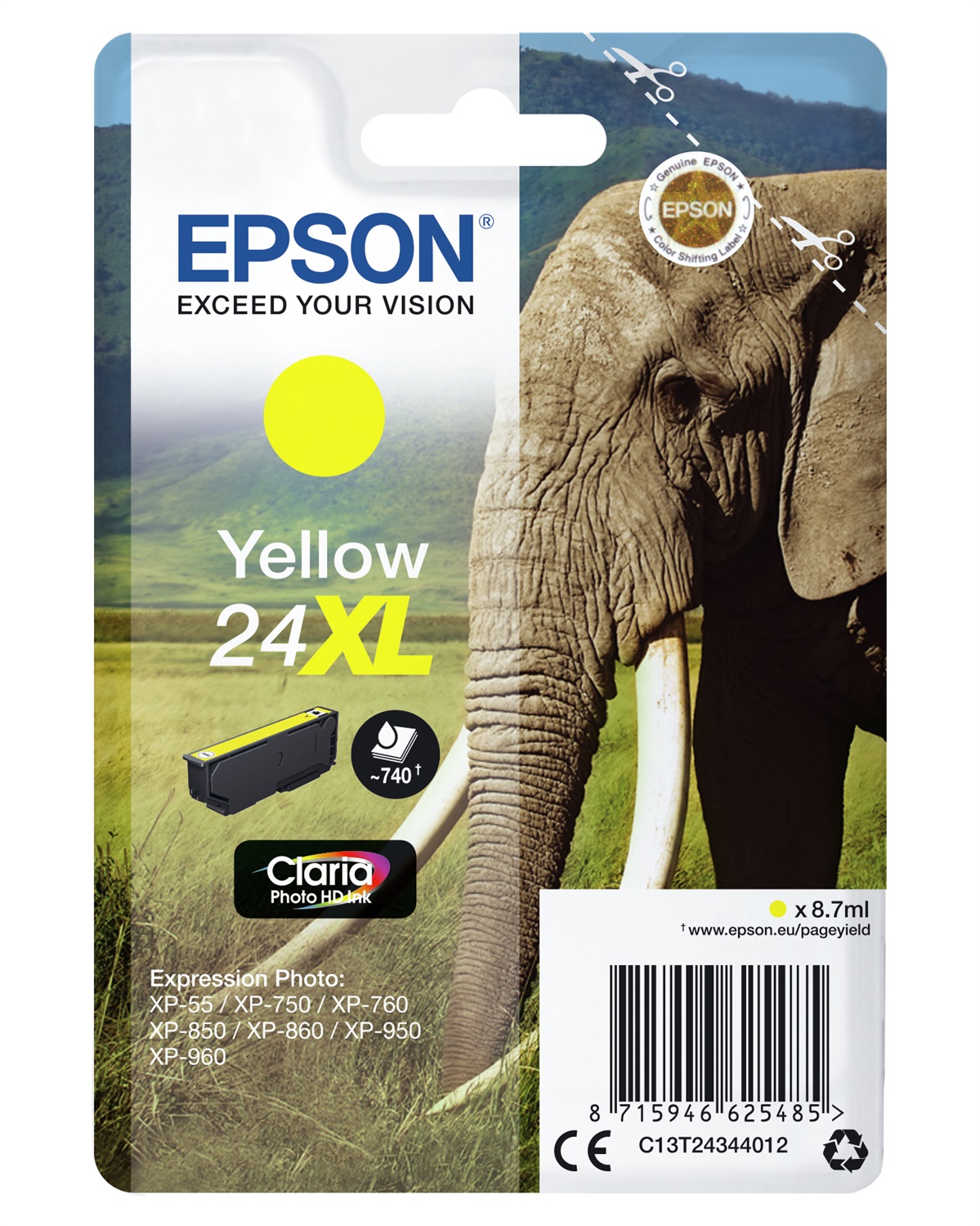 Epson C13T24344022 Cartuccia Giallo XL - 8,7 ml, Inchiostro a base di pigmento, Compatibile con Expression Photo XP-970, XP-960, XP-950, XP-860, XP-760, XP-55, XP-850, XP-750
