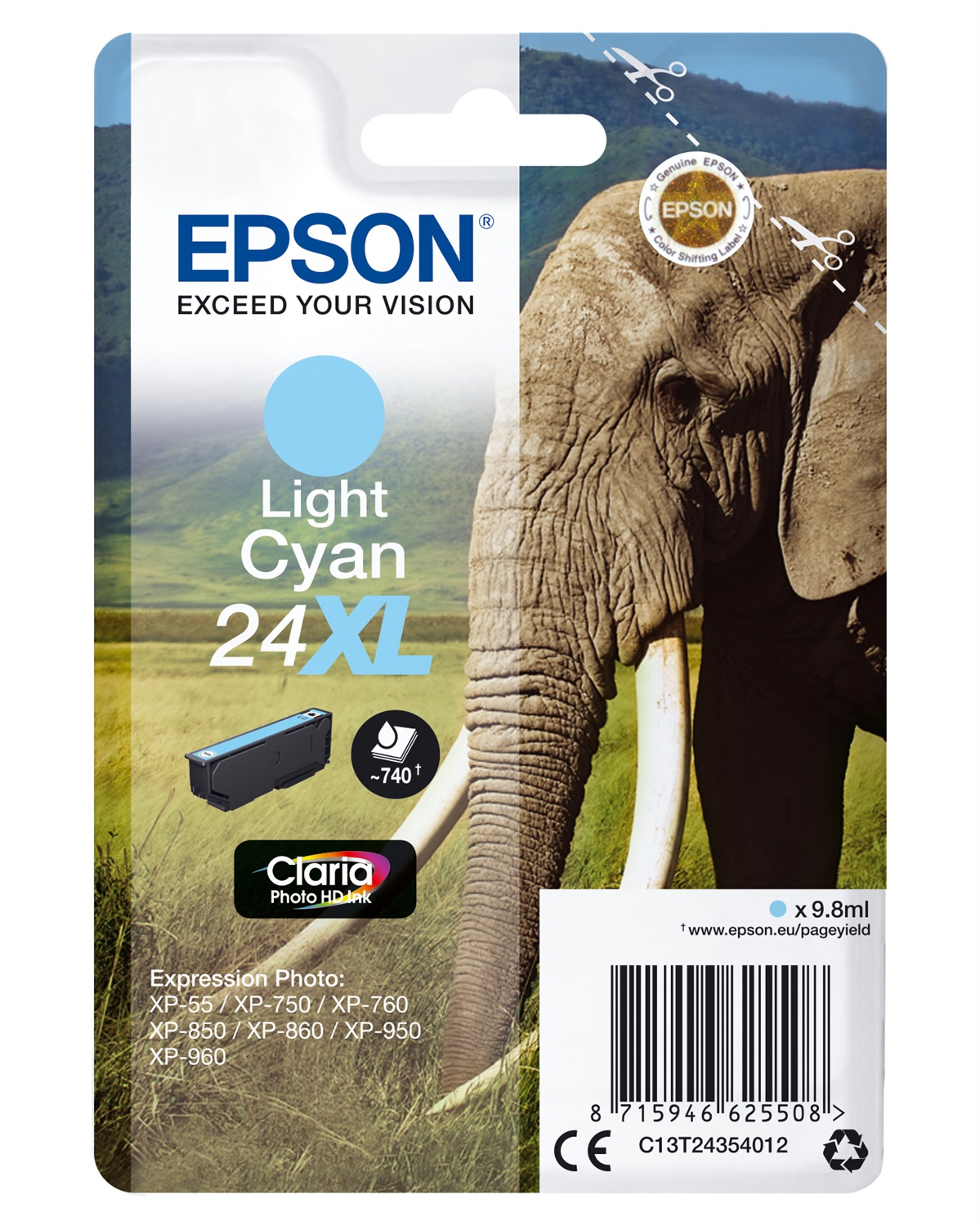 Epson Cartuccia Ciano Chiaro 24XL Claria Photo HD - 9,8 ml, Fino a 740 Pagine, Compatibile con XP-55/XP-750/XP-760/XP-850/XP-860/XP-950/XP-960/XP-970
