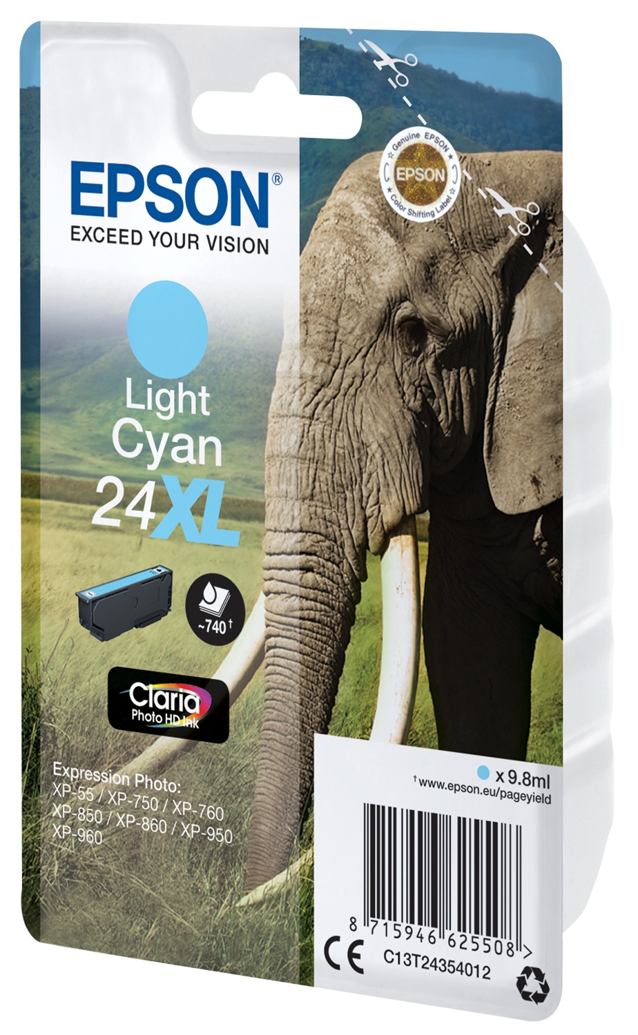 Epson Cartuccia Ciano Chiaro 24XL Claria Photo HD - 9,8 ml, Fino a 740 Pagine, Compatibile con XP-55/XP-750/XP-760/XP-850/XP-860/XP-950/XP-960/XP-970