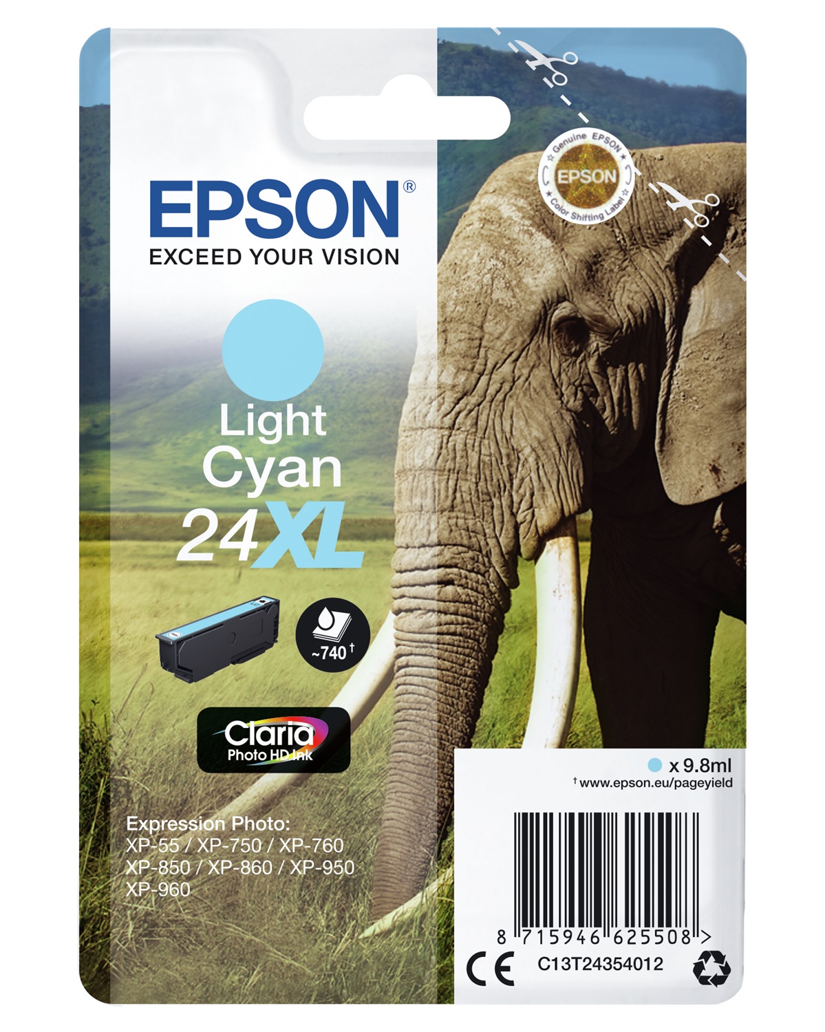 Epson Cartuccia Ciano Chiaro 24XL Claria Photo HD - 9,8 ml, Fino a 740 Pagine, Compatibile con XP-55/XP-750/XP-760/XP-850/XP-860/XP-950/XP-960/XP-970