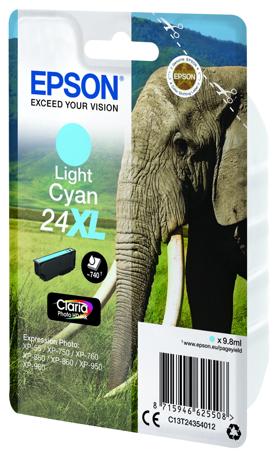 Epson Cartuccia Ciano Chiaro 24XL Claria Photo HD - 9,8 ml, Fino a 740 Pagine, Compatibile con XP-55/XP-750/XP-760/XP-850/XP-860/XP-950/XP-960/XP-970