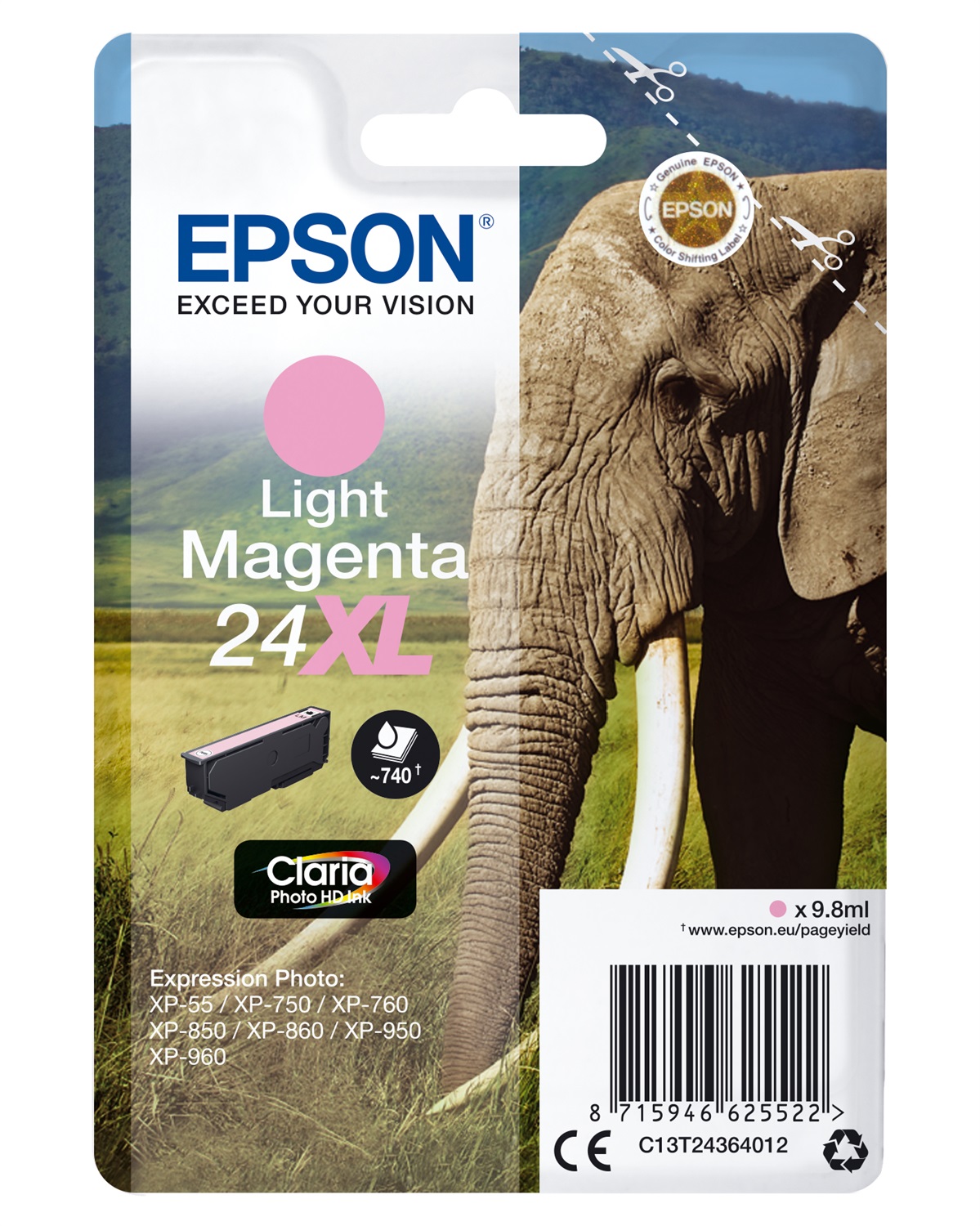 Epson Cartuccia Magenta Chiaro 24XL - Alta Capacità 9,8 ml, 740 Pagine, Claria Photo HD